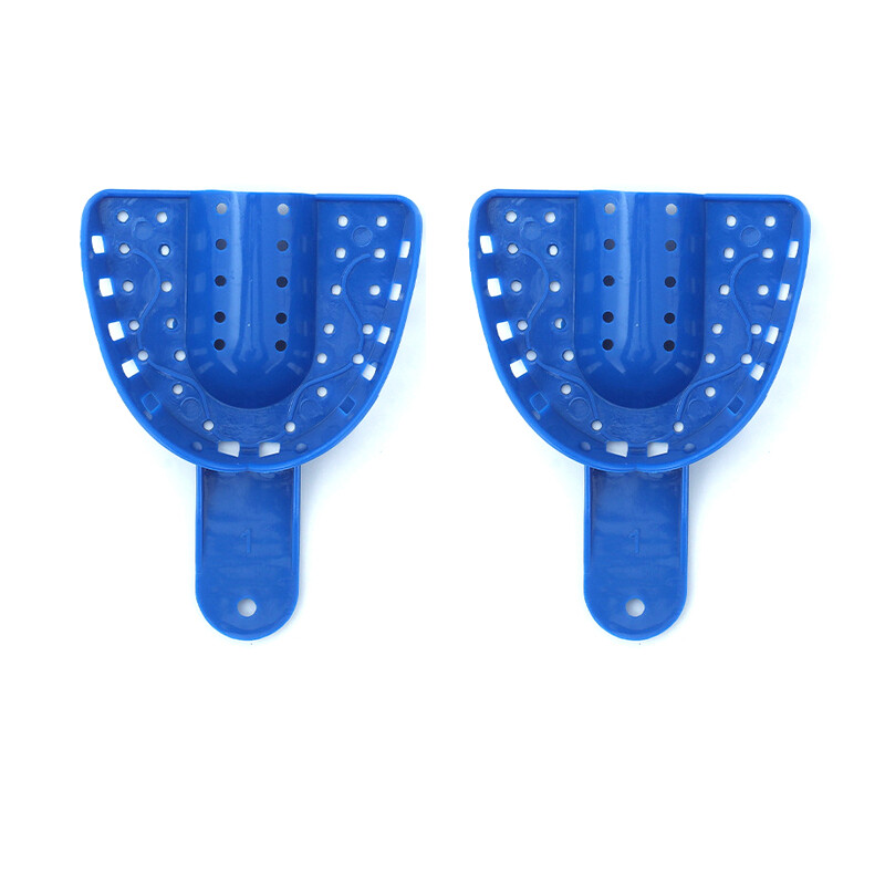 2PCS Dental Impression Trays Blue Plastic Perforated Set Upper / Lower S/M/L/XL
