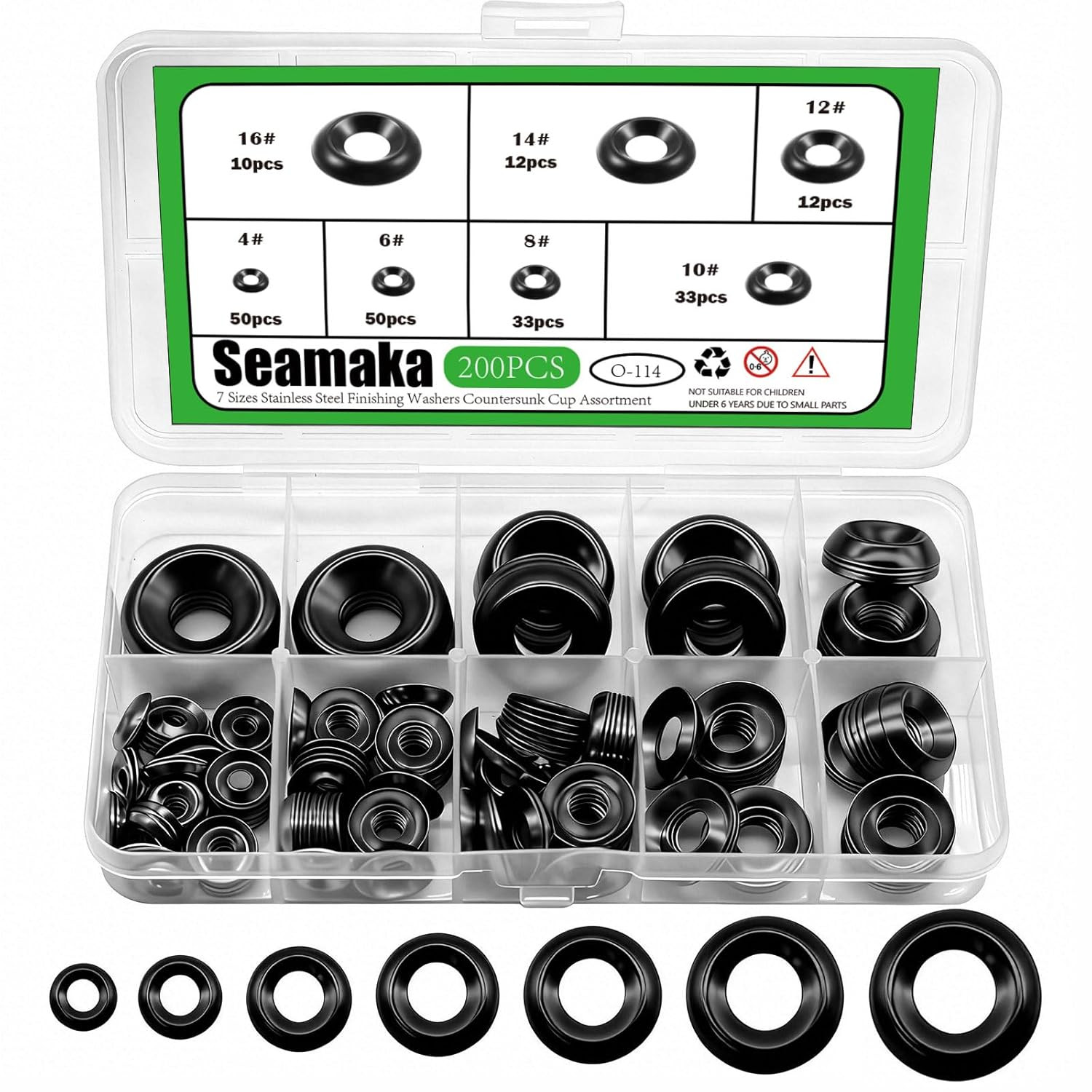 200 Pcs Black Finish Washers 7 Sizes 304 Stainless Steel Finishing Washers Count