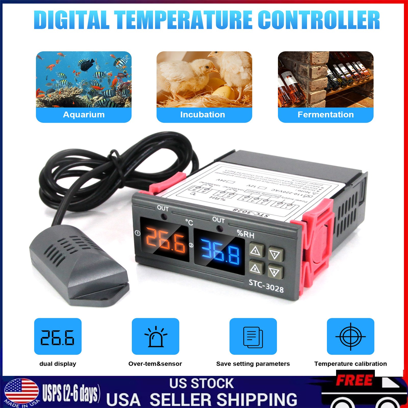 STC-3028 Dual LCD Digital Thermostat Temperature Humidity Controller AC110-220V