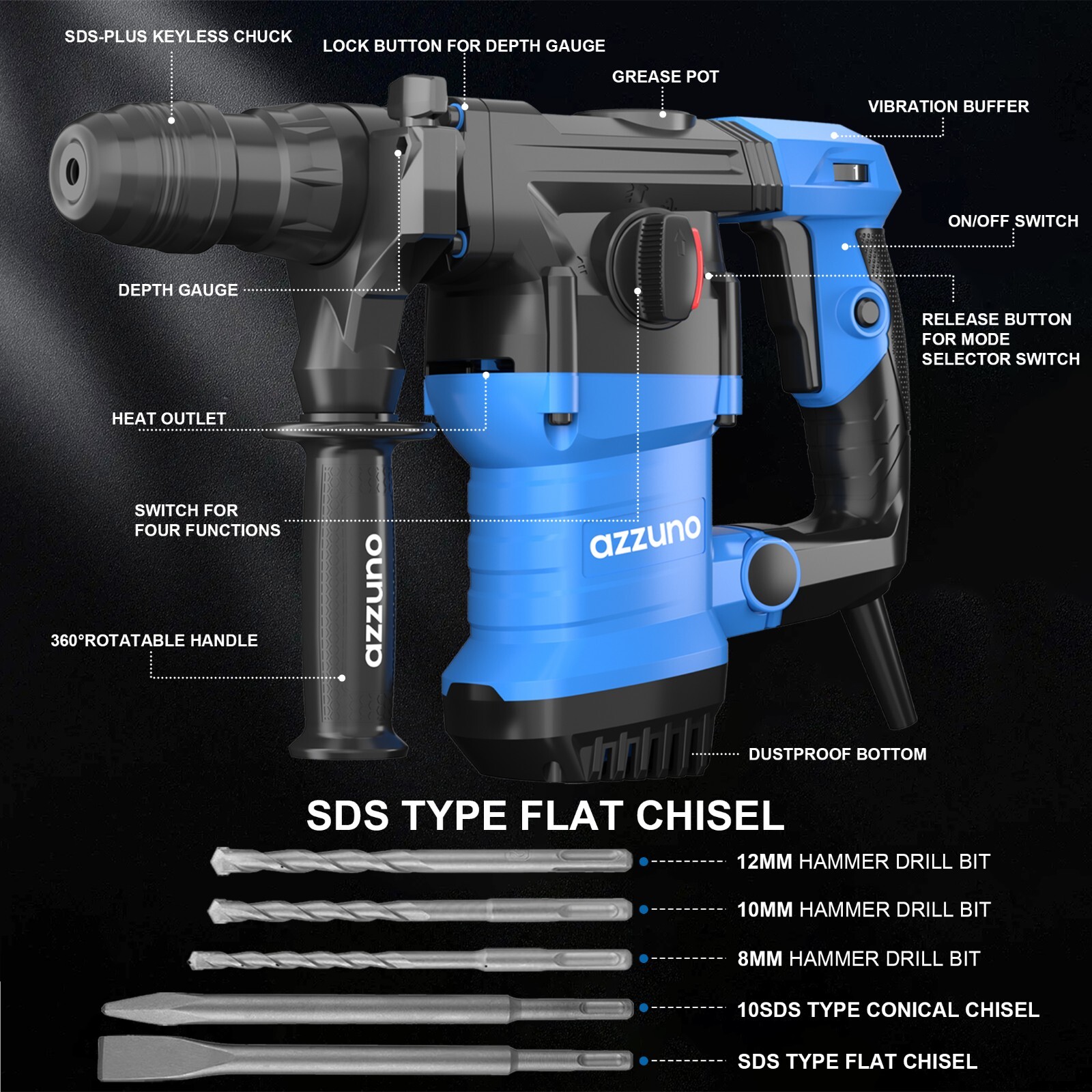 Heavy Duty Rotary Hammer Drill 15 Amp 1-1/4″ SDS-Plus 4 Modes Chipping Hammers