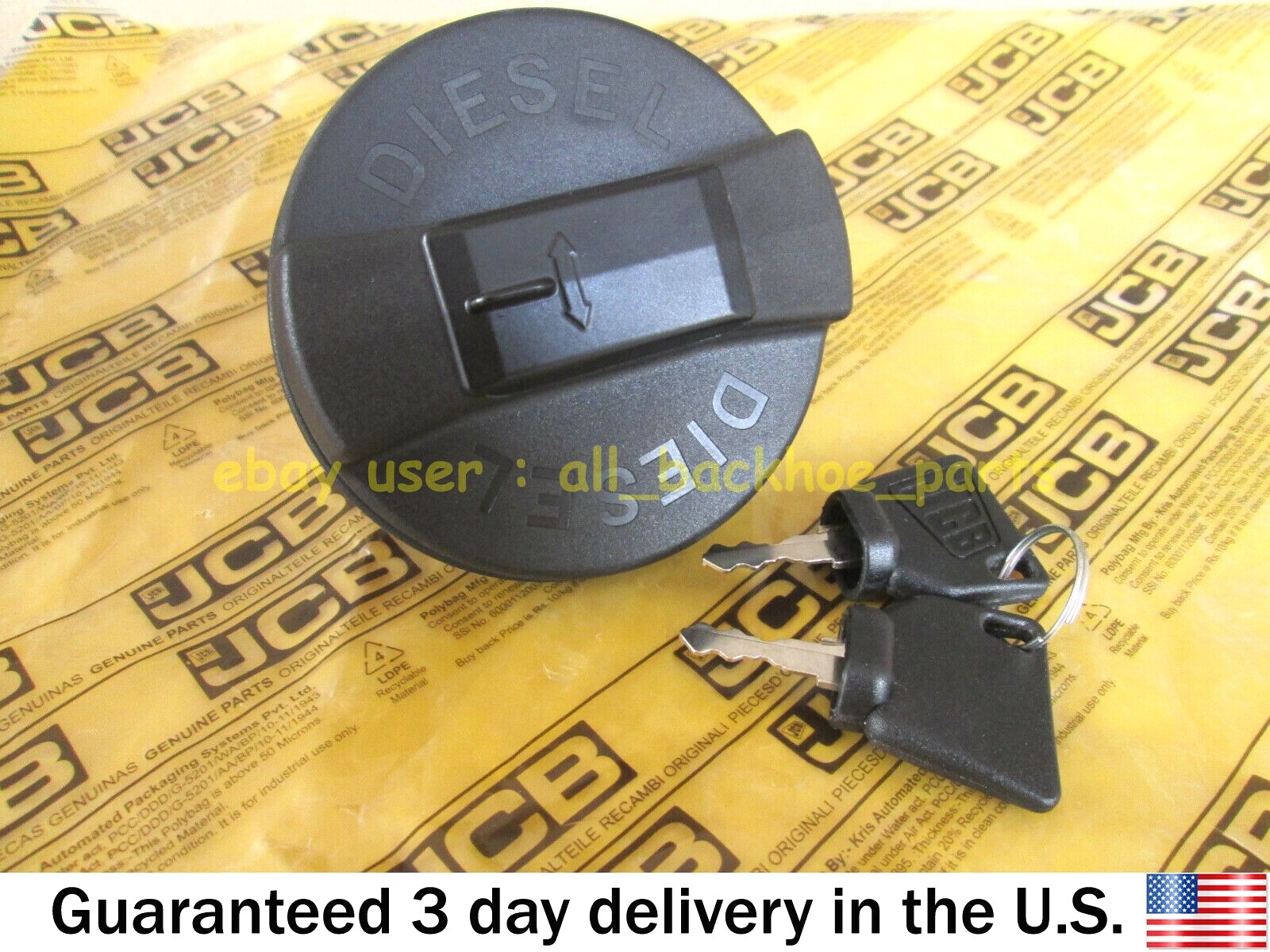 JCB BACKHOE- GENUINE JCB DIESEL FILLER CAP W. 2 KEYS (PART# 332/F4780 331/11403)