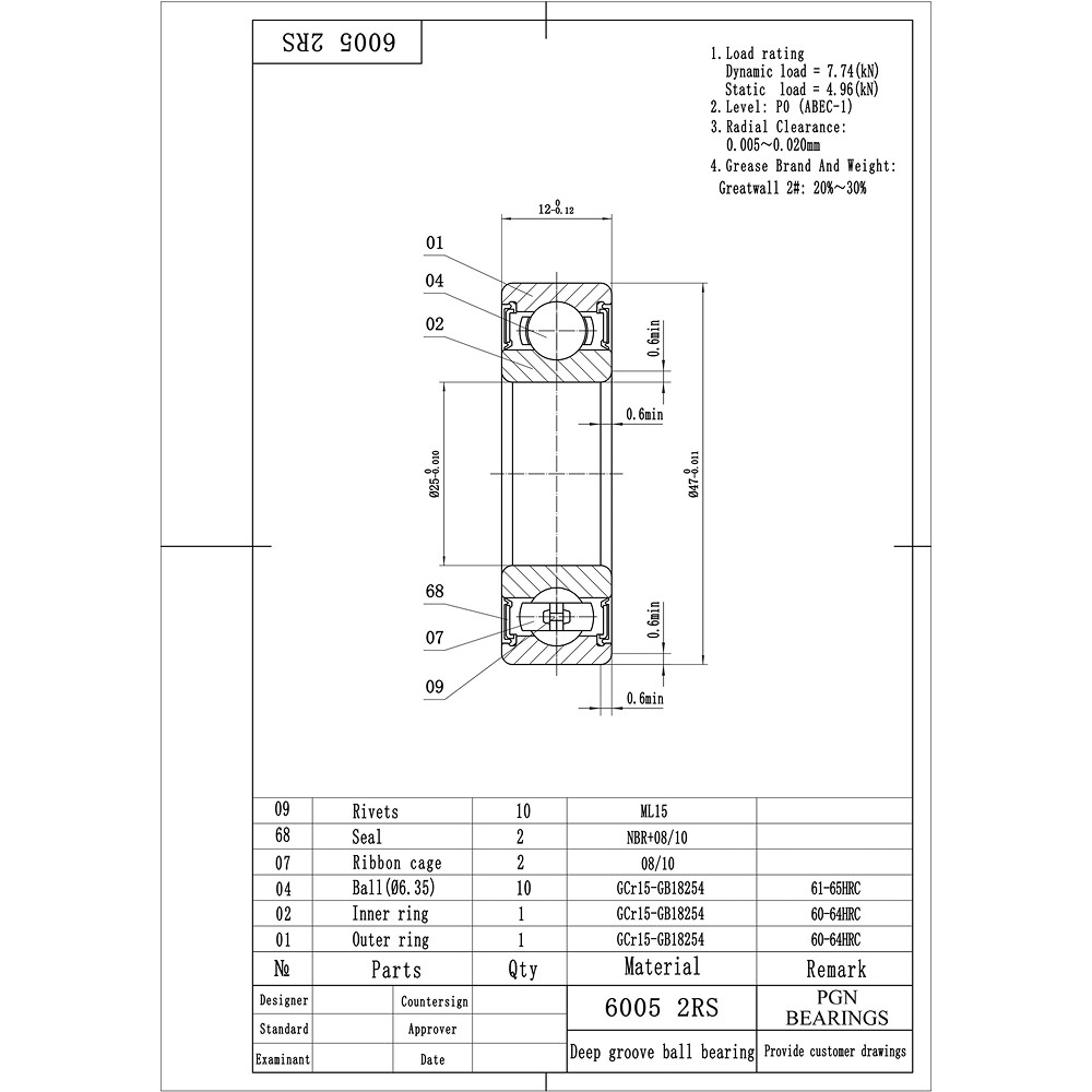 6005-2RS C3 EMQ Premium Rubber Sealed Ball Bearing, 25x47x12, 6005rs