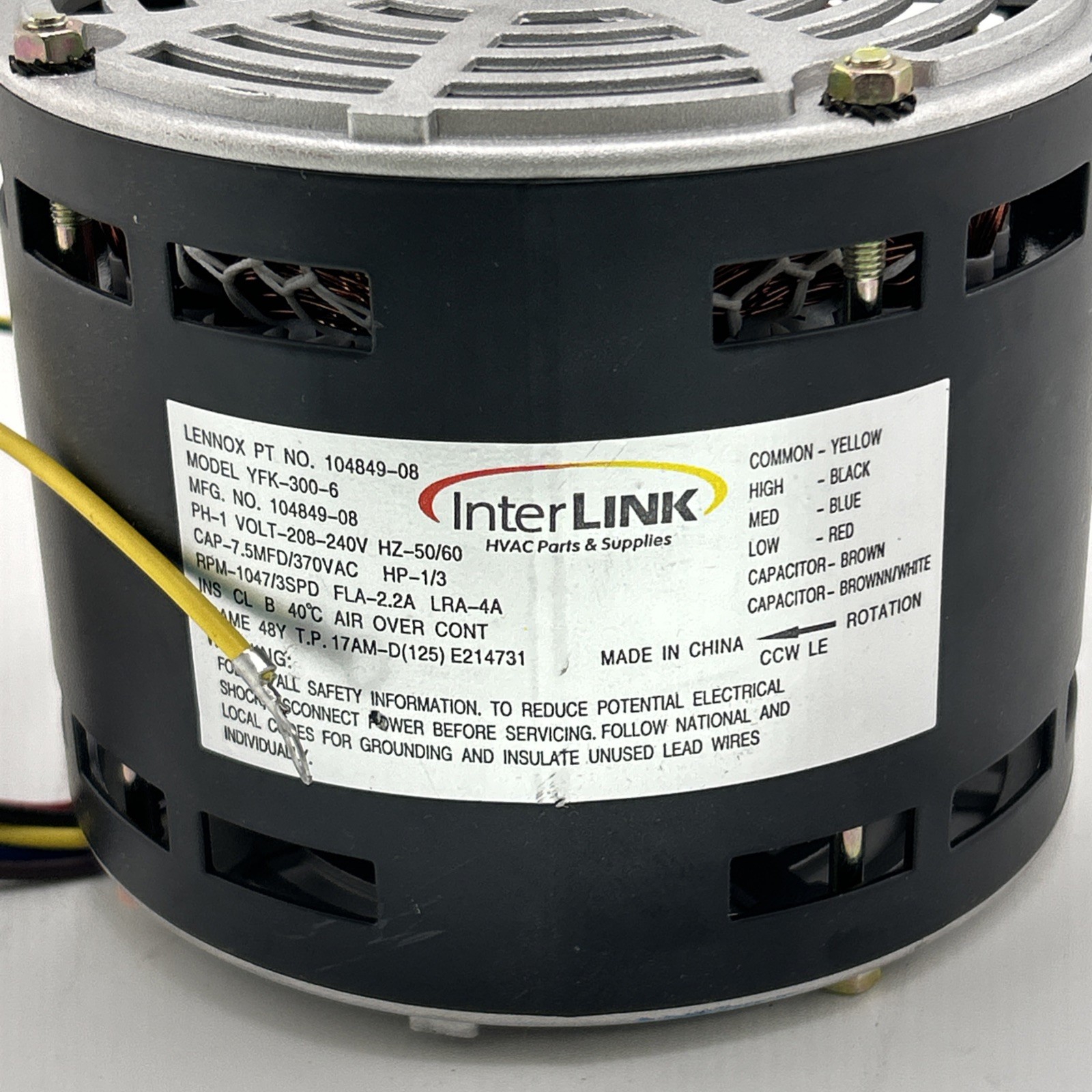 Lennox 104849-08, Blower Motor, 1/2 HP, 208/240V-1Ph, CCWLE Rotation YFK-300-6