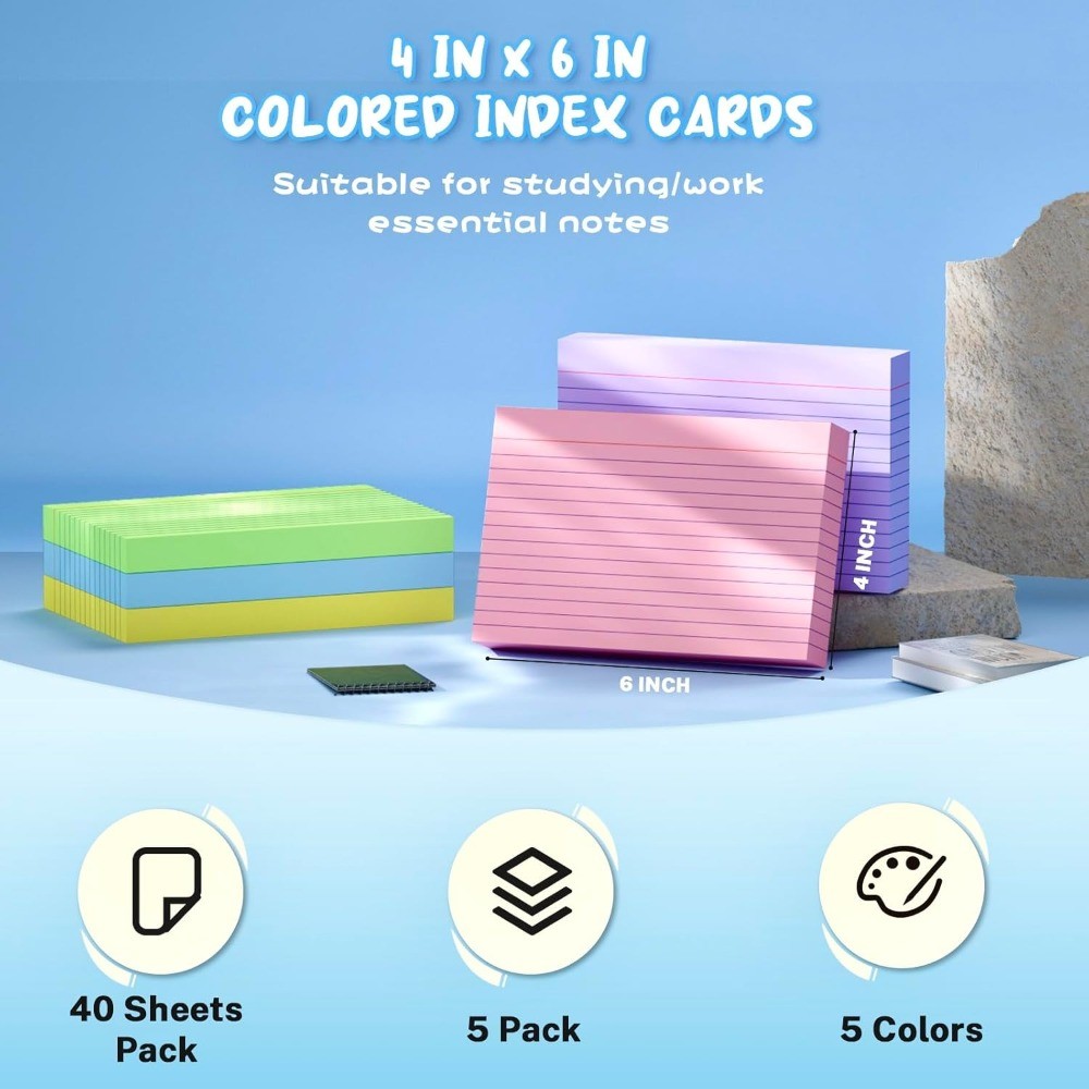 Colored Index Cards 4×6 Inch, 200 Count Note Cards 4×6, 5 Colors Flash Cards