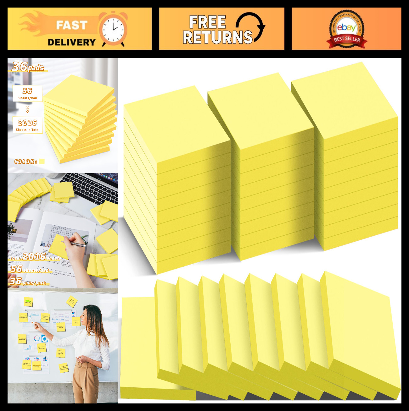 36 Pack Sticky Notes 3×3 Yellow Self-Stick Pads, Strong Adhesive for Home & Offi