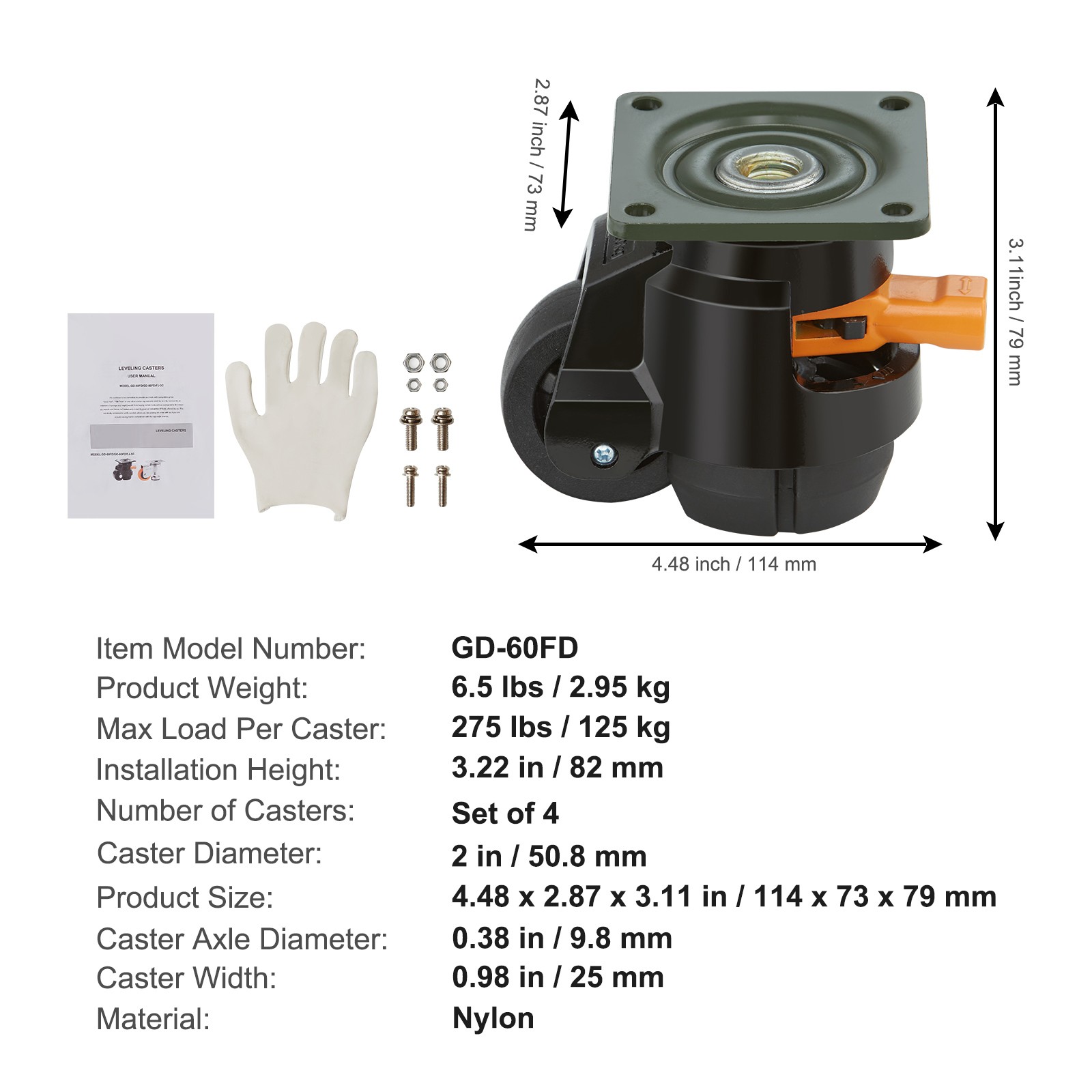 VEVOR Leveling Casters Adjustable Nylon Plate Mounted Caster 1100 lbs Set of 4