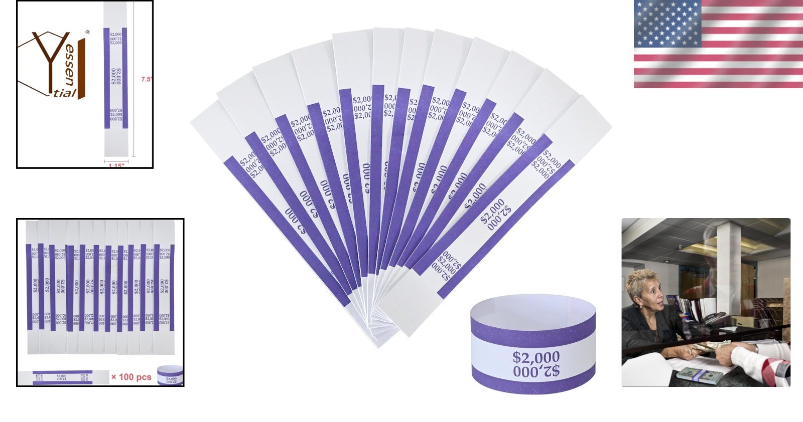 $2000 Purple Currency Straps – 100 Count ABA Standard Self-Adhesive Bill Bands