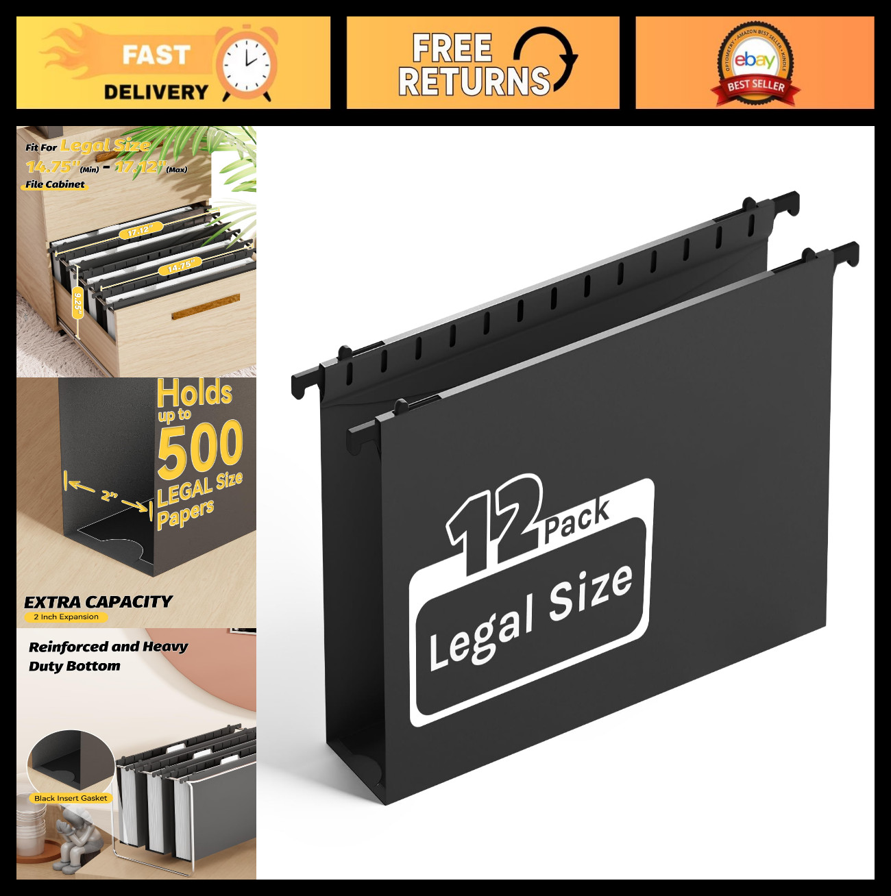 Extra Capacity Legal Size Hanging File Folders, Heavy Duty 2″ Expansion, 12 Pack