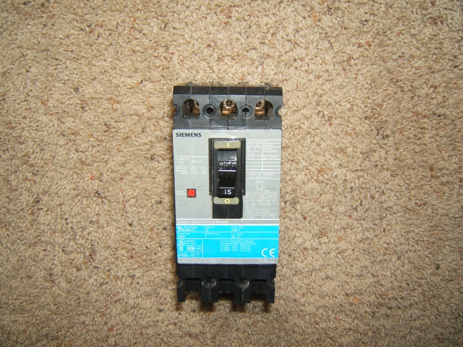Siemens SENTRON 600V~ Max. 15A 3-Pole Molded Case Circuit Breaker ED63B015