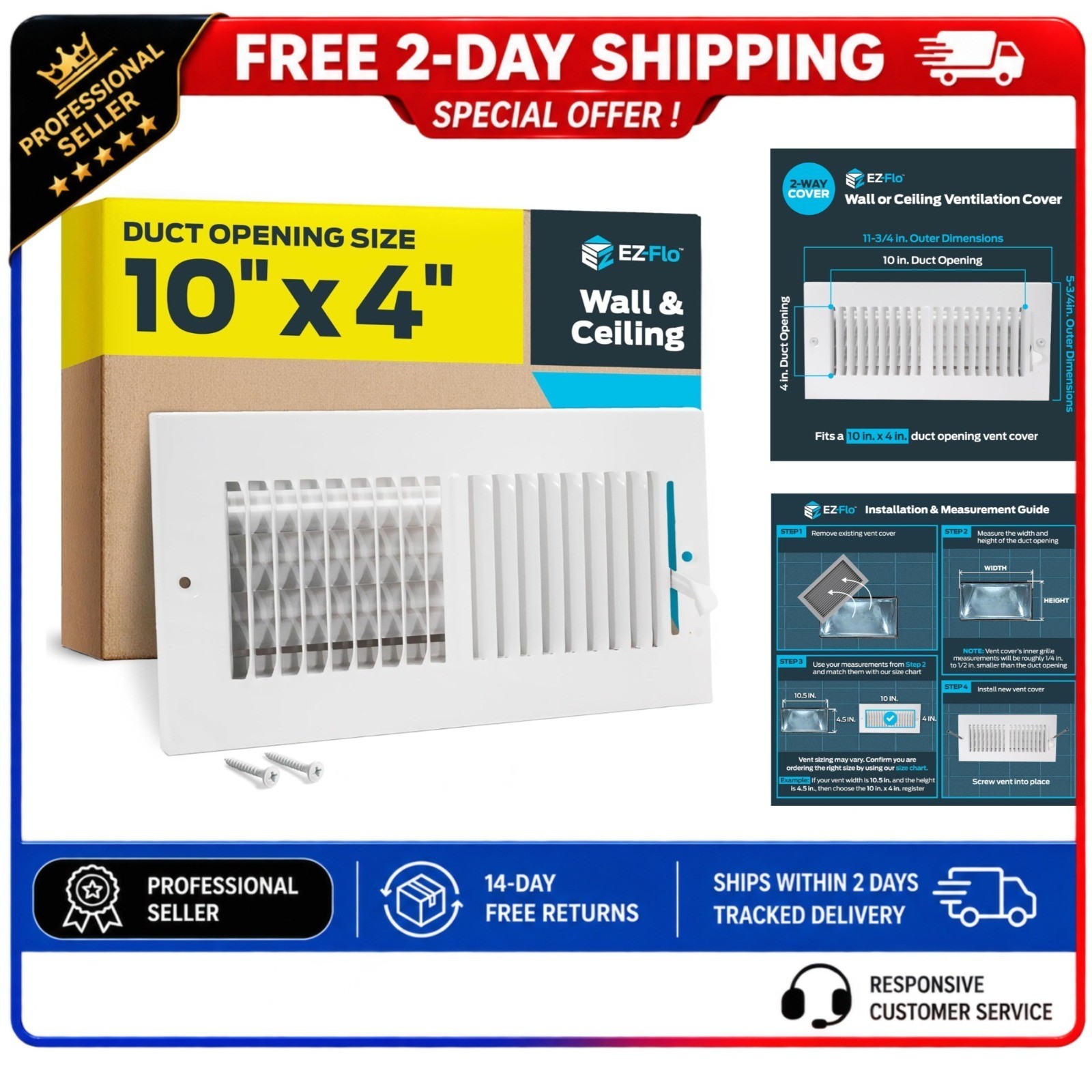 EZ-FLO 10 x 4 in HVAC Vent Cover Wall Ceiling Steel Register White