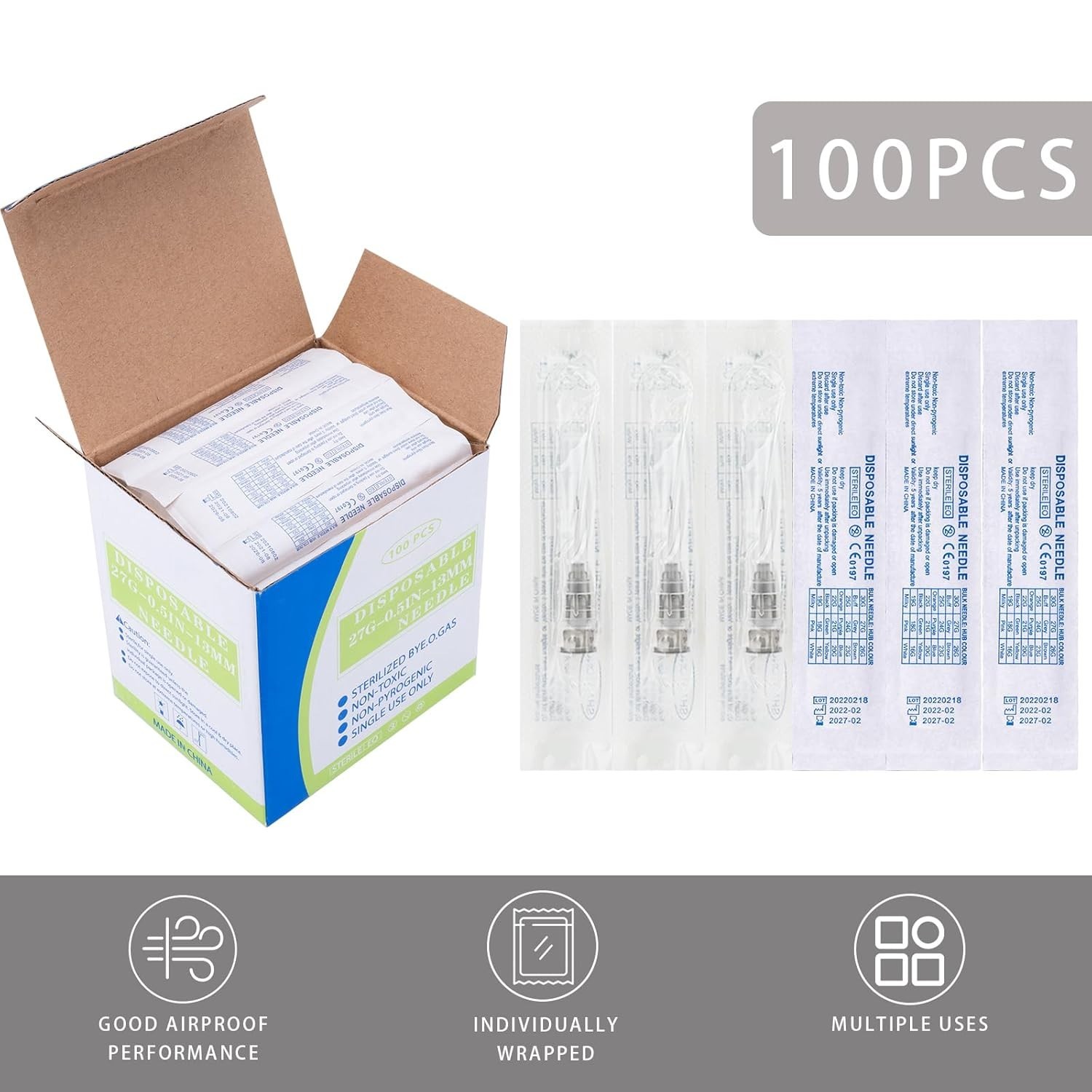 100 Pack 27 Ga 13mm 1/2 in Disposable Needles for Scientific and Industrial D…