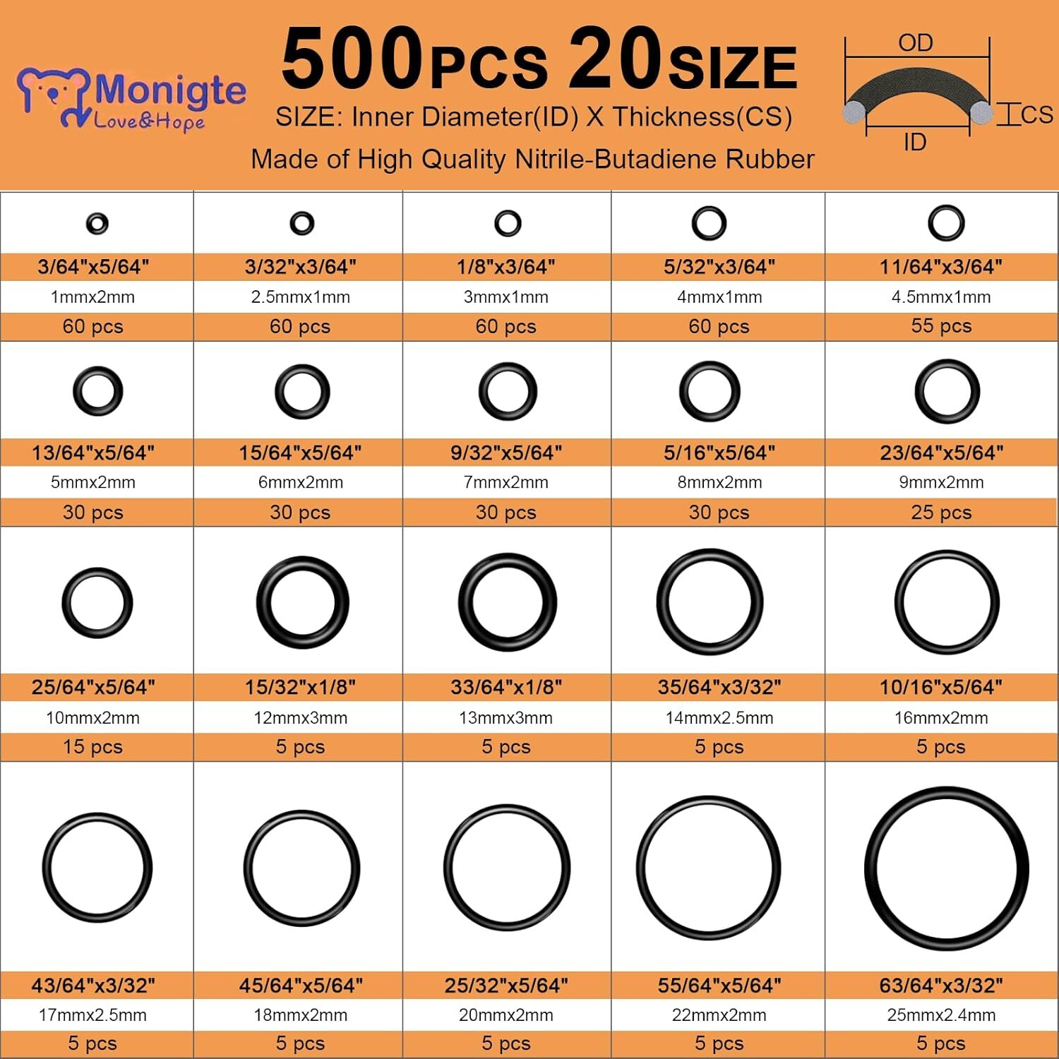 500 Pcs 20 Sizes O Ring Kit,Rubber O-Ring Assortment Kit, Rubber Washers Pressur