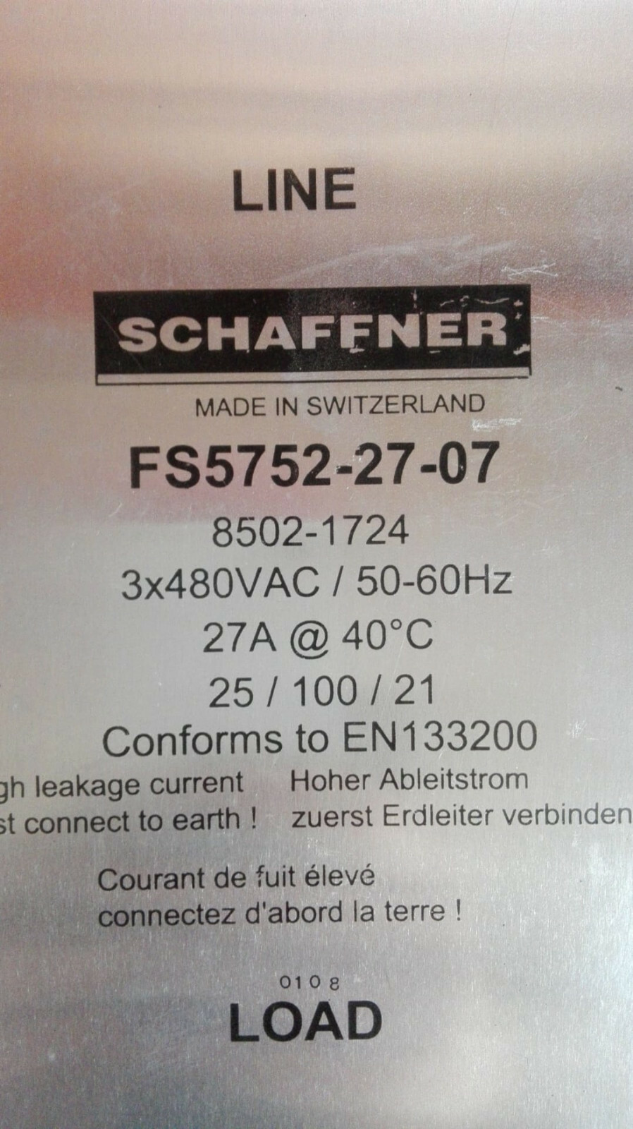Schaffner Filter Module / 8502-1724 / FS5752-27-07 / 27A, 3x480V