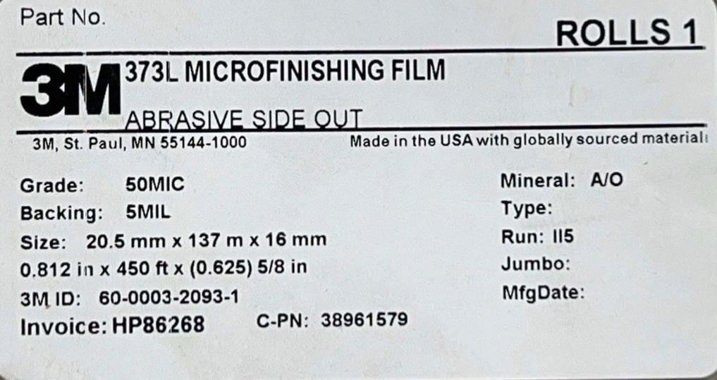 3M 373L Microfinishing Film Abrasive Roll 50MIC 5MIL 20.5mm x137m Set of 2 Rolls