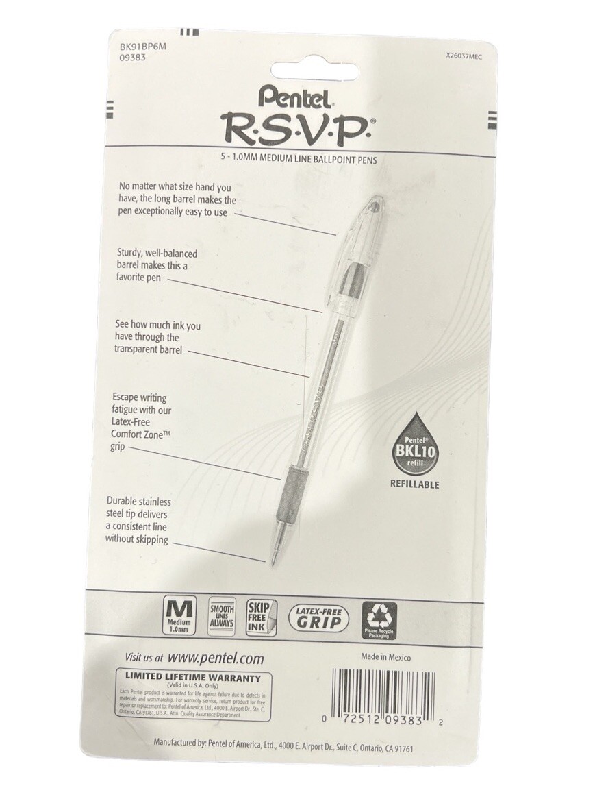 Pentel RSVP Ball Point Pen 1.0mm Med Point Capped Asst Colors 6/Pk Office School