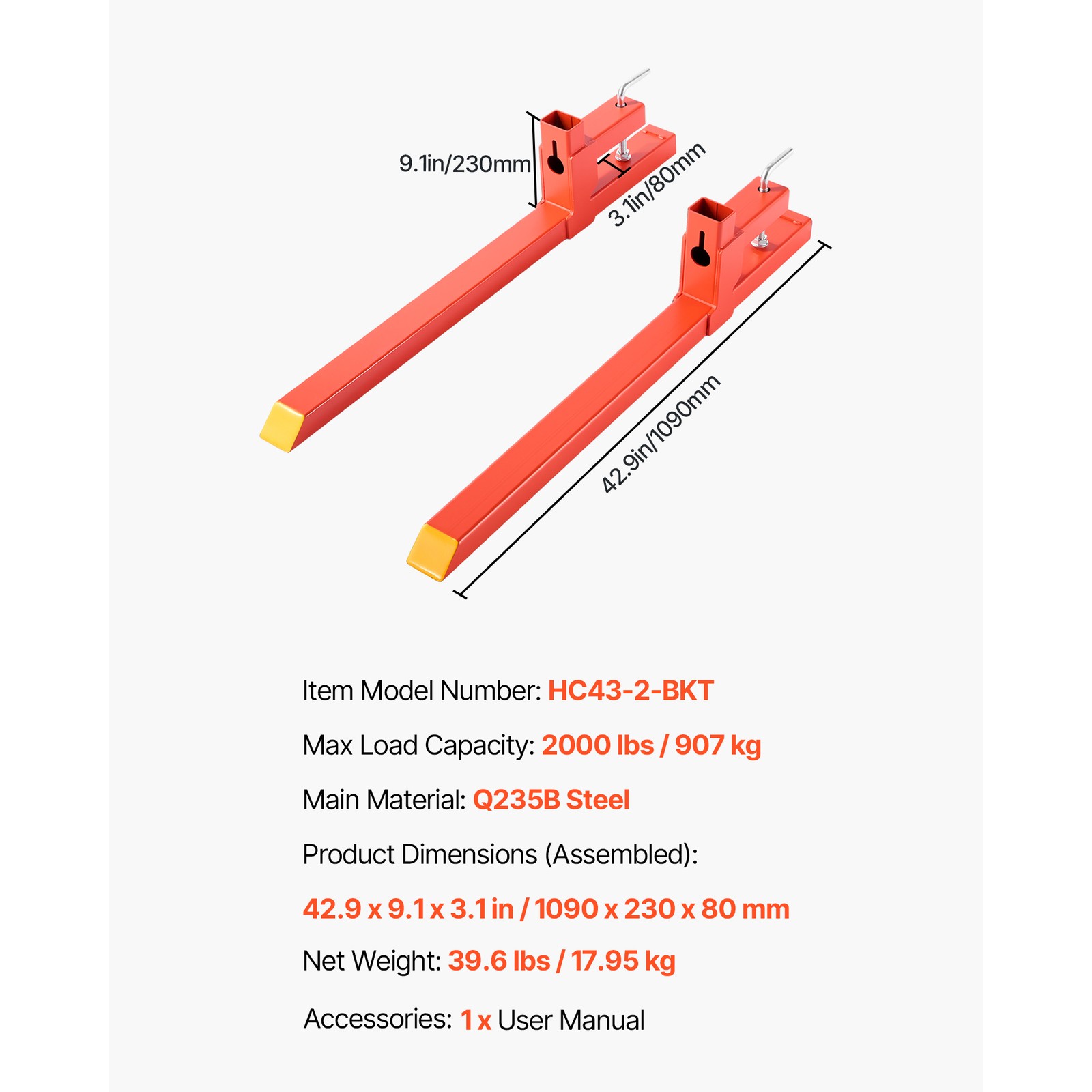 Uimoso 2000 lbs 43″ Clamp on Pallet Forks Quick Attach Tractor Forks