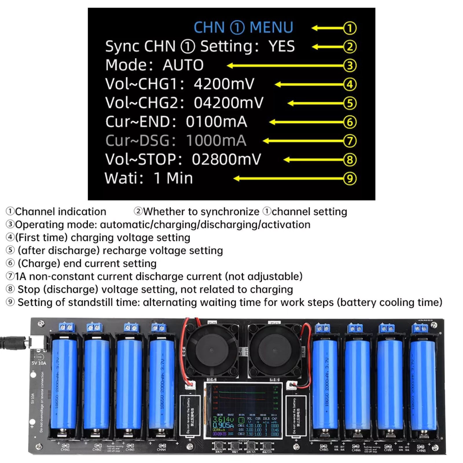 2.4in LCD Screen Internal Resistance Tester Apply 18650 battery holder