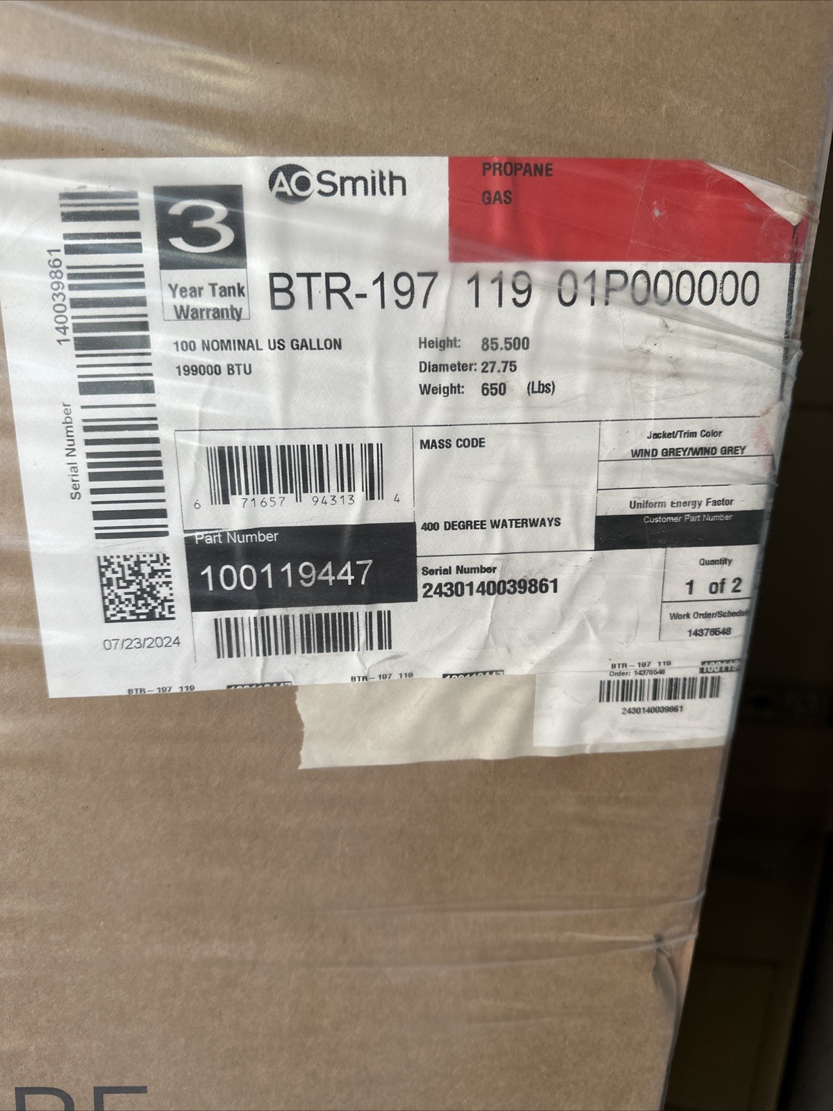 Year 2024 100 Gallon BTR-197 119 AO Smith 199BTU Commercial Propane Water-Heater