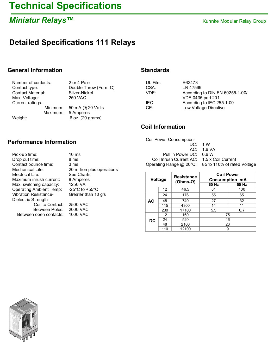 111A4-24VDC1L KUHNKE Miniature Relay 24VDC 5A 4PDT Plug-in With Pilot Light LED