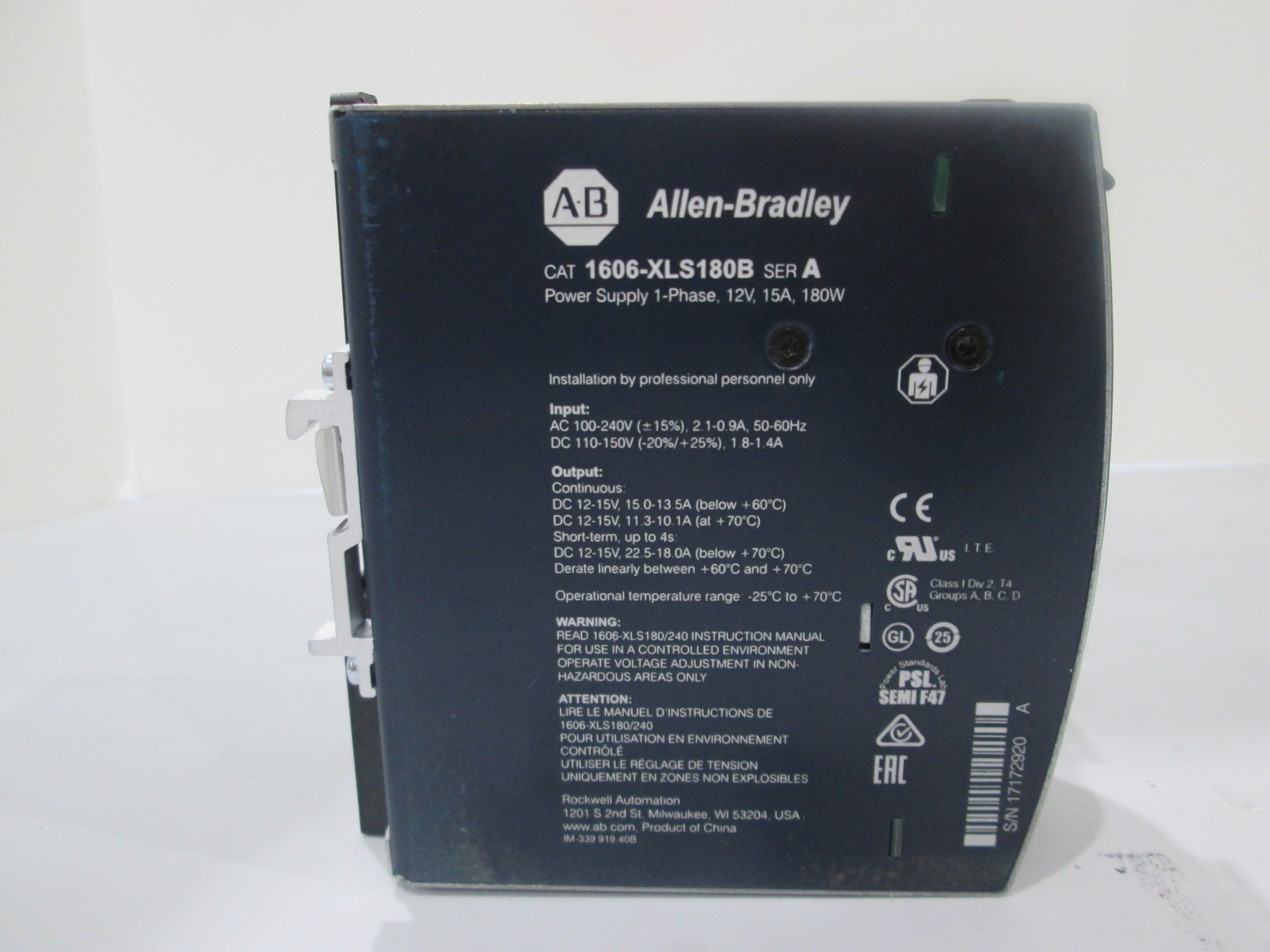 Allen-Bradley, 1606-XLS180B, Power Supply, 12V, 15A, 1-Phase, 180W, New