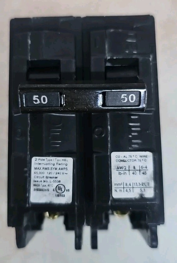 1) New Take Out Siemens B250HH Bolt-on 50A 2 pole circuit breaker 65kA @240V