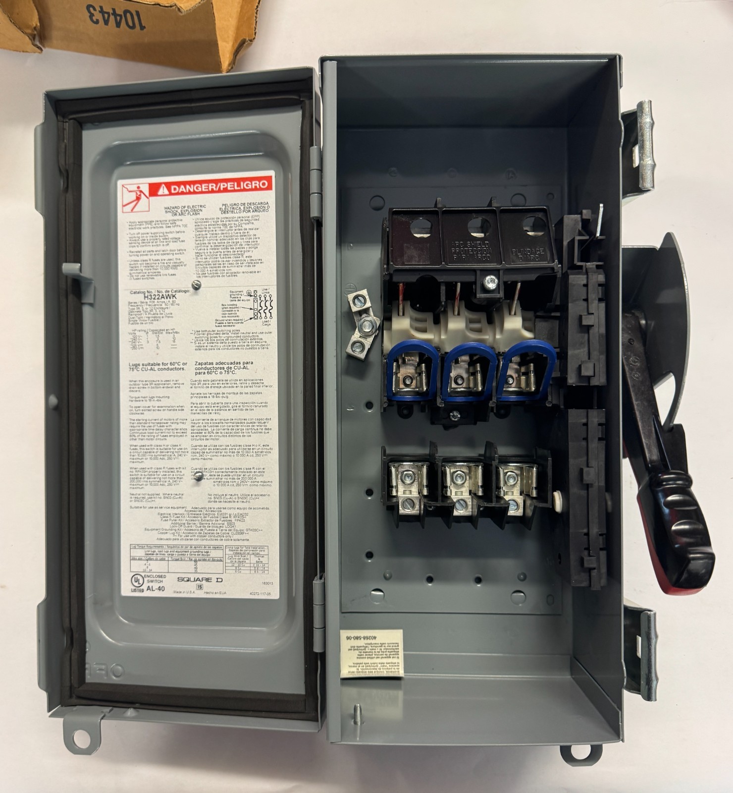 Square D 60 Amp 240V 3Pole Fusible Heavy Duty Safety Switch Nema 12 + 3R H322AWK
