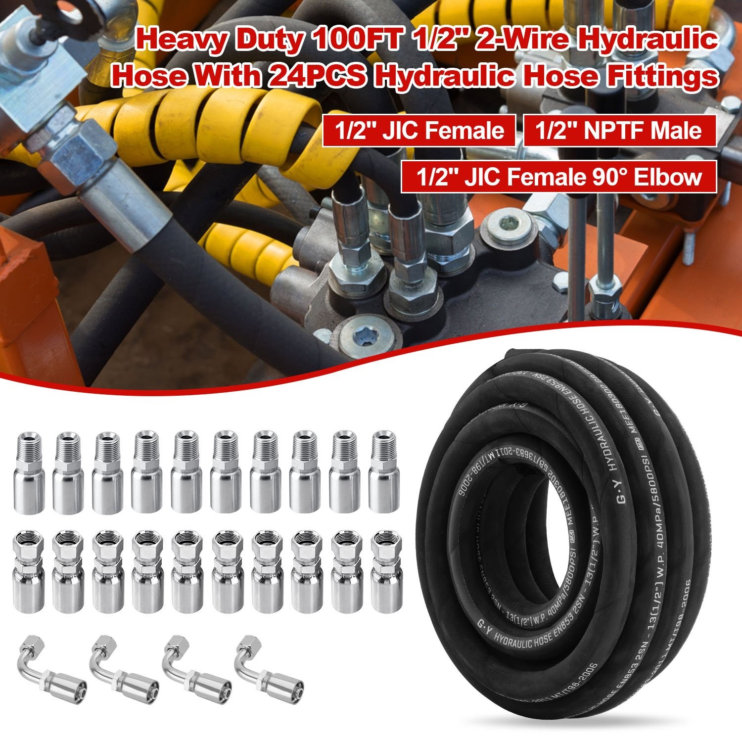 100 Feet 1/2″ HYDRAULIC HOSE WITH 24 FITTINGS TWO WIRE HOSE 40MPa / 5800 PSI NEW