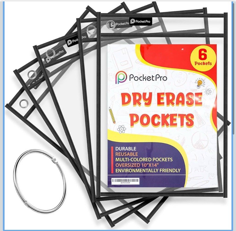 PocketPro Dry Erase Pockets 6 Pack 14”x 10” Reusable Sleeves Perfect for Class