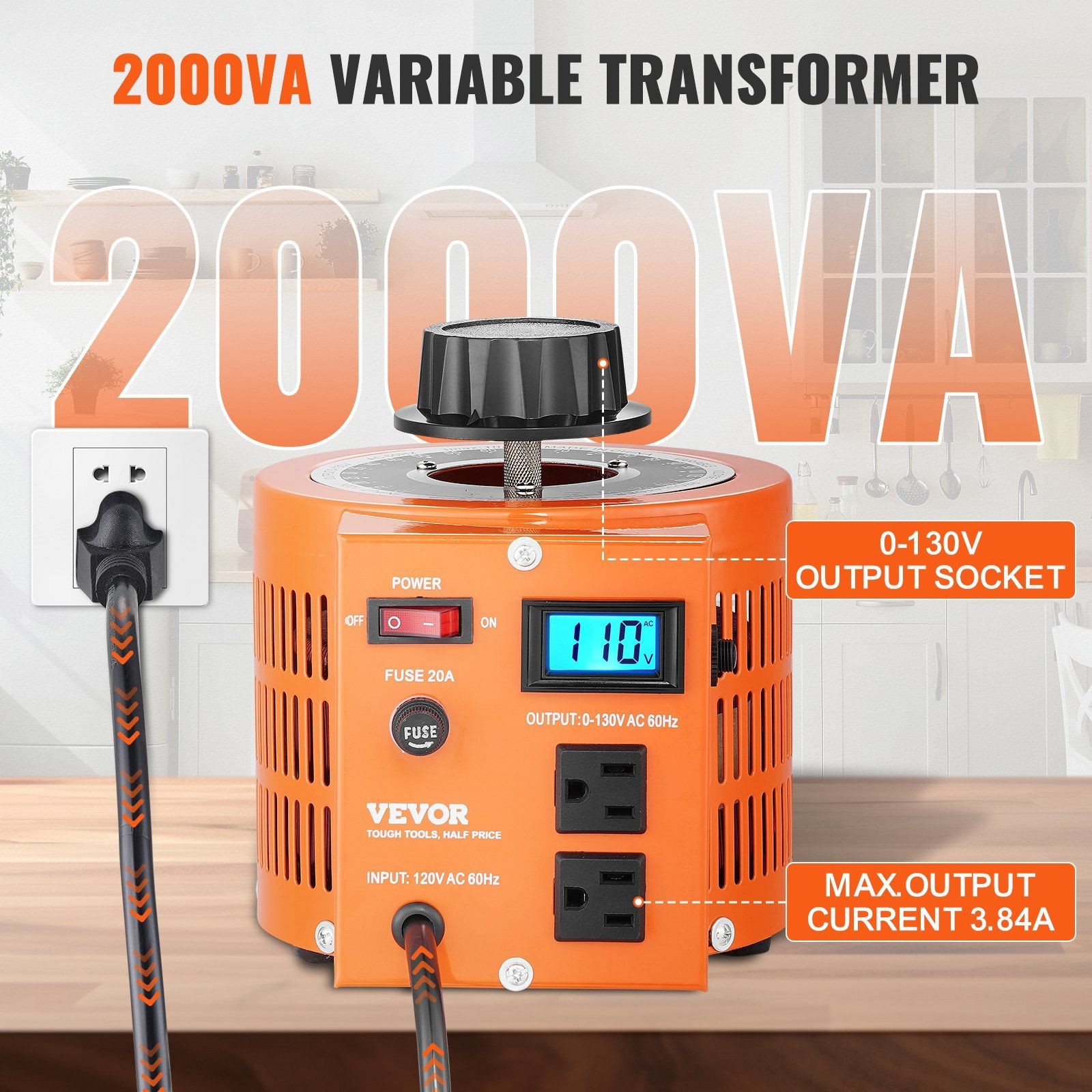 2000VA Industrial Voltage Regulator 110V Input 0-130V Output LCD Thermal