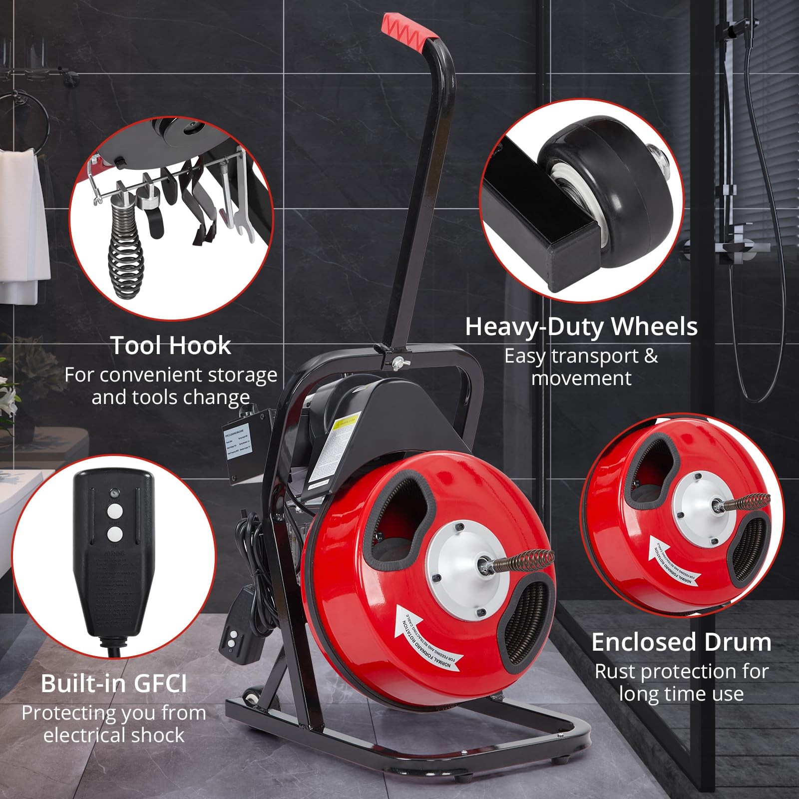 Drain Cleaner Machine 50FT x 1/2 Inch Electric Drain Auger for 1 to 4 Inch Pipe