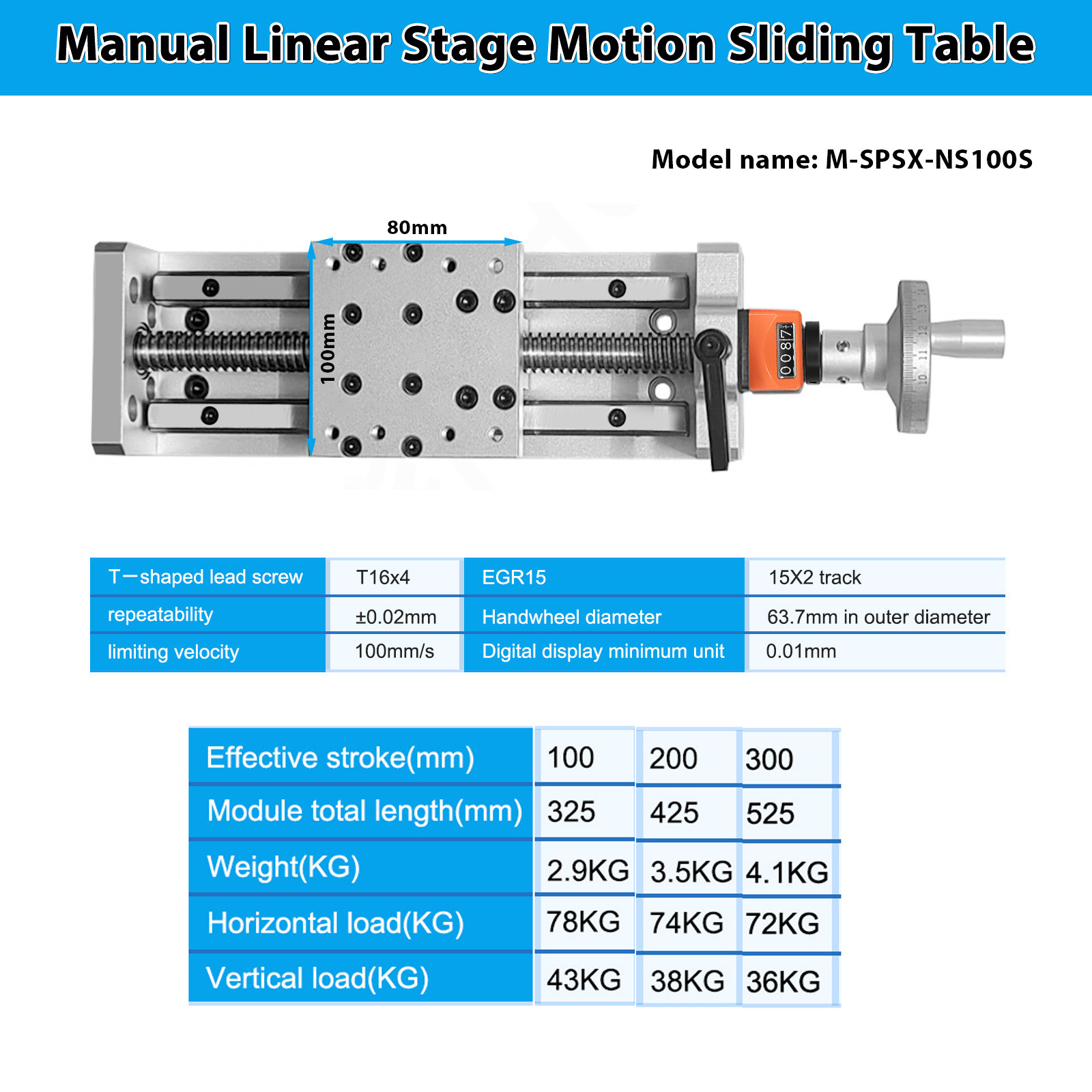 50-1000mm Manual Linear Guide slide Stage Module w/ Digital Display 100kg load