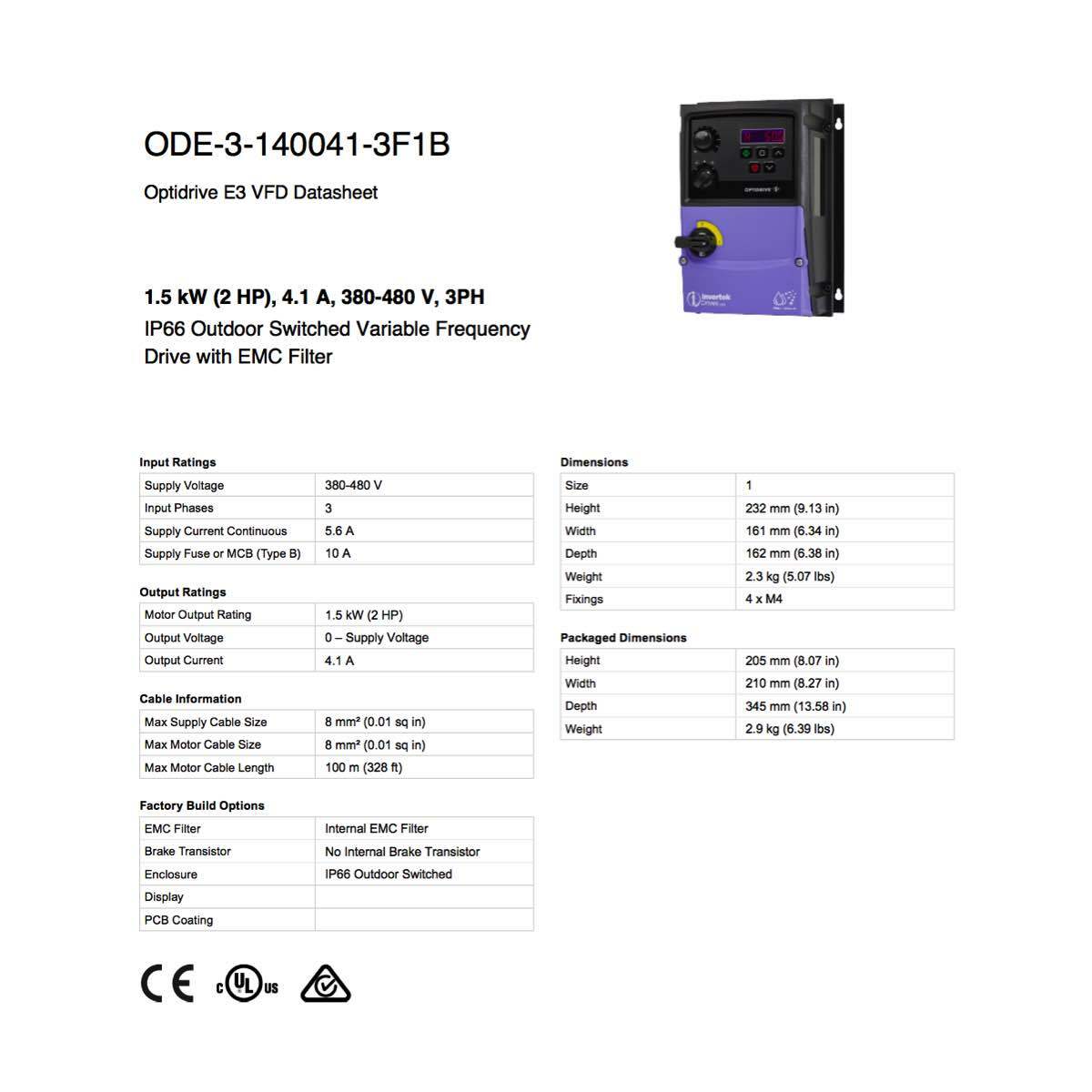 ODE-3-140041-3F1B Invertek VFD 2HP 4.1A 380V-480V 3Ph/3Ph VFDexchange