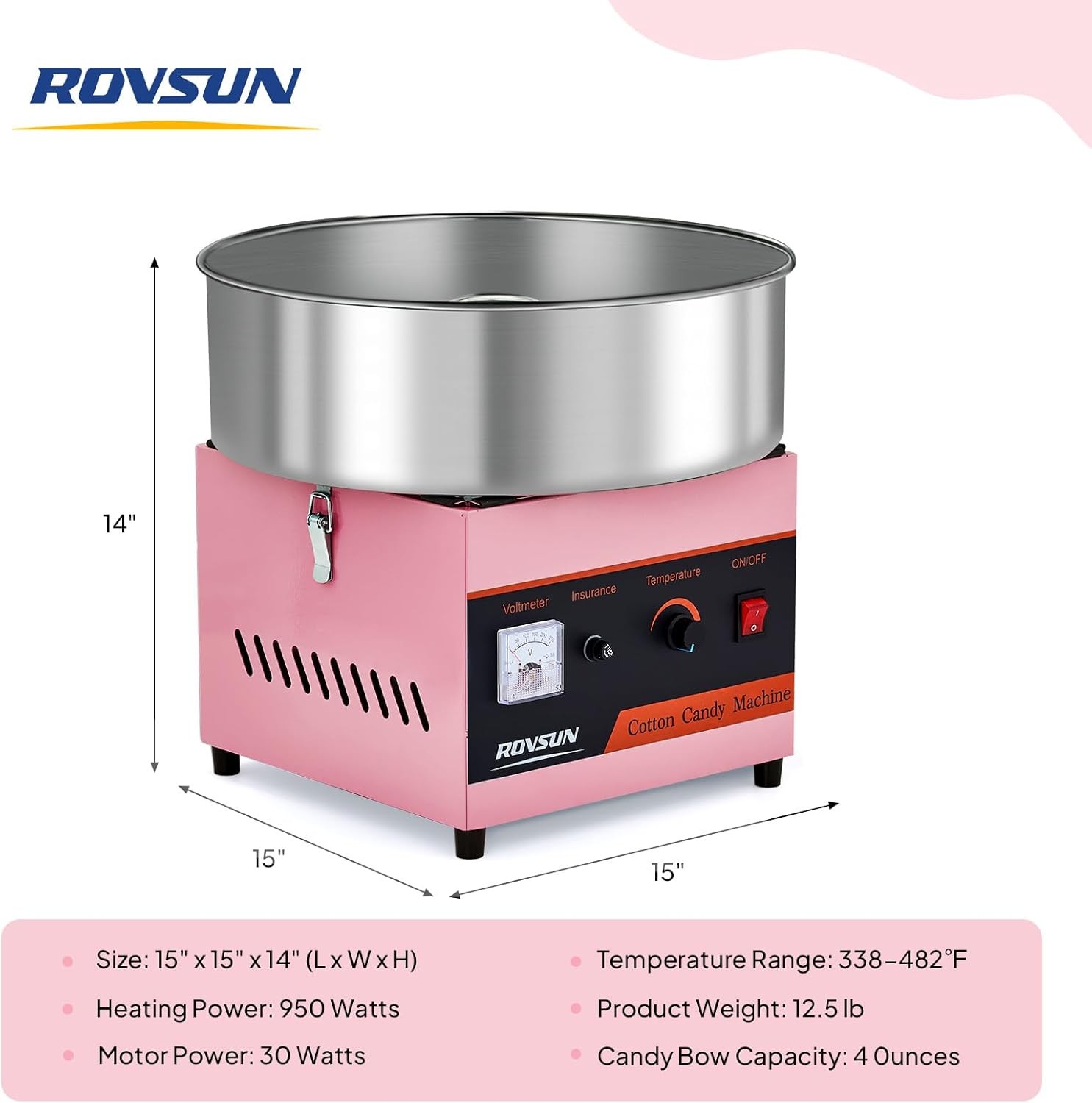 ROVSUN 15″ Commercial Cotton Candy Machine Maker Floss Pink 980W Family Party