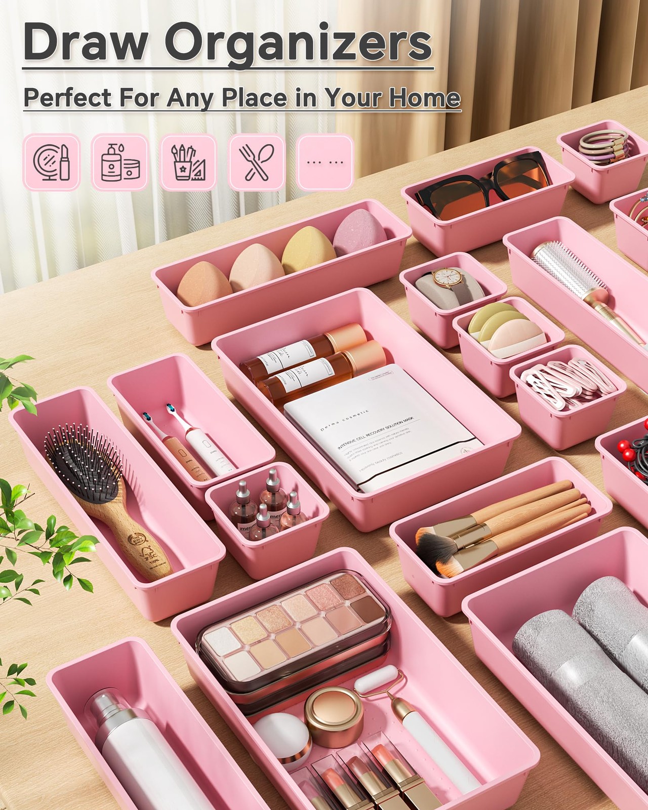 KEMETHY 25 PCS Plastic Drawer Organizers Set, 4 Sizes Vanity Organizer, Makeu…