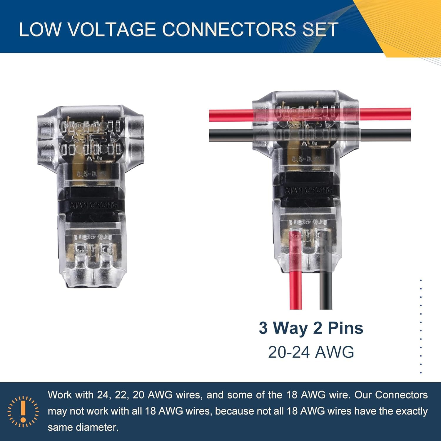 40PC 2-Pin+1-Pin T-Tap Wire Connectors,Clear,Solderless 3-Way AWG 24–20/18
