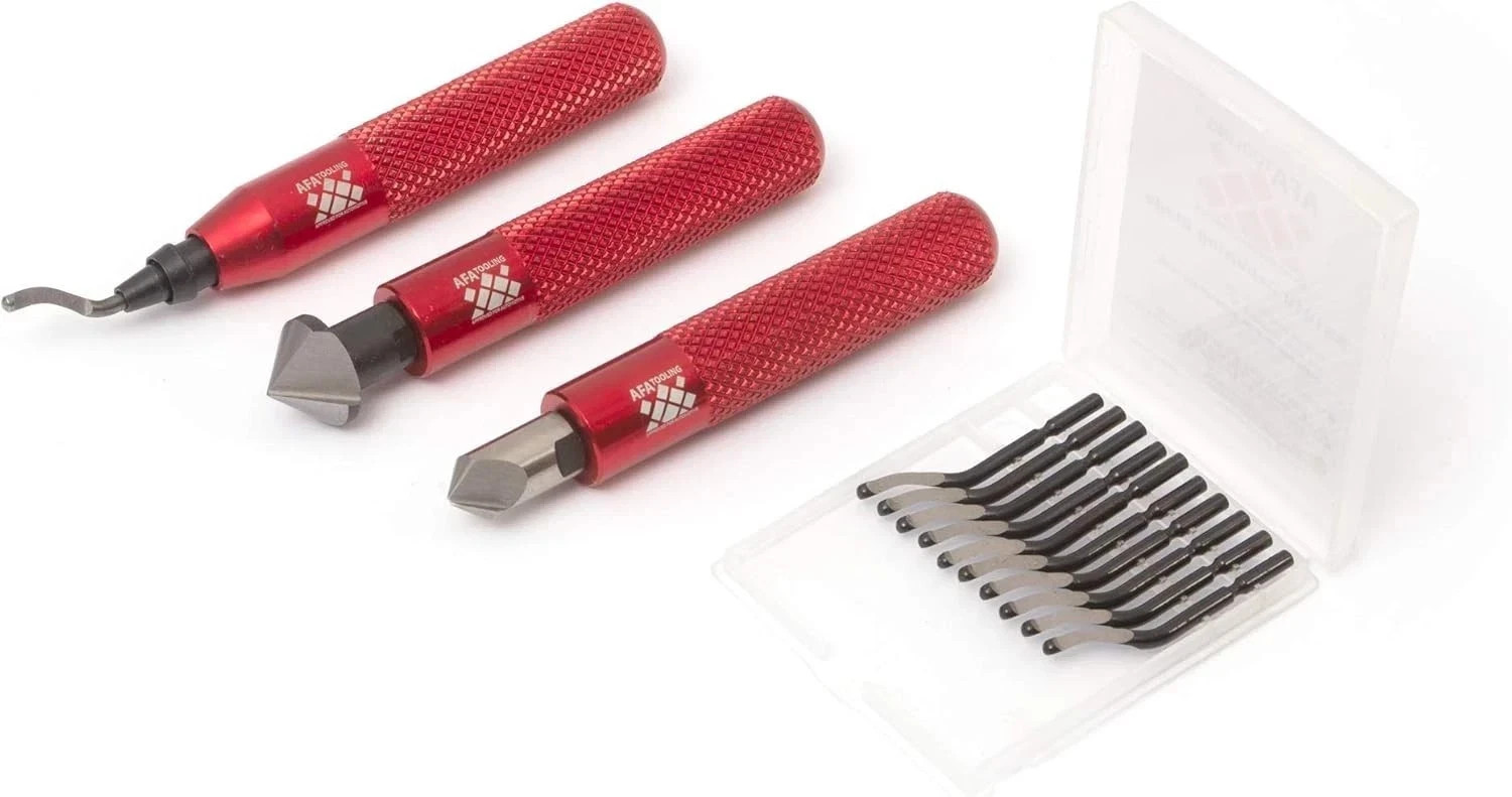 AFA Tooling Deburring Tool Set & 2 Countersink Hand Reamers, Red CNC Handle | 11