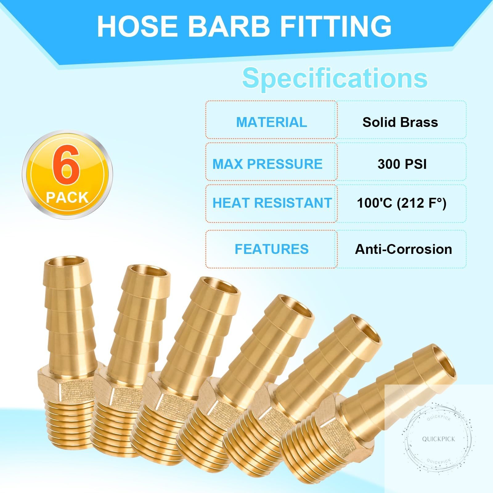 6 Pcs Brass Hose Fittings, 1/4 NPT to 3/8 Barb Barbed Hose Fittings, Male Thread