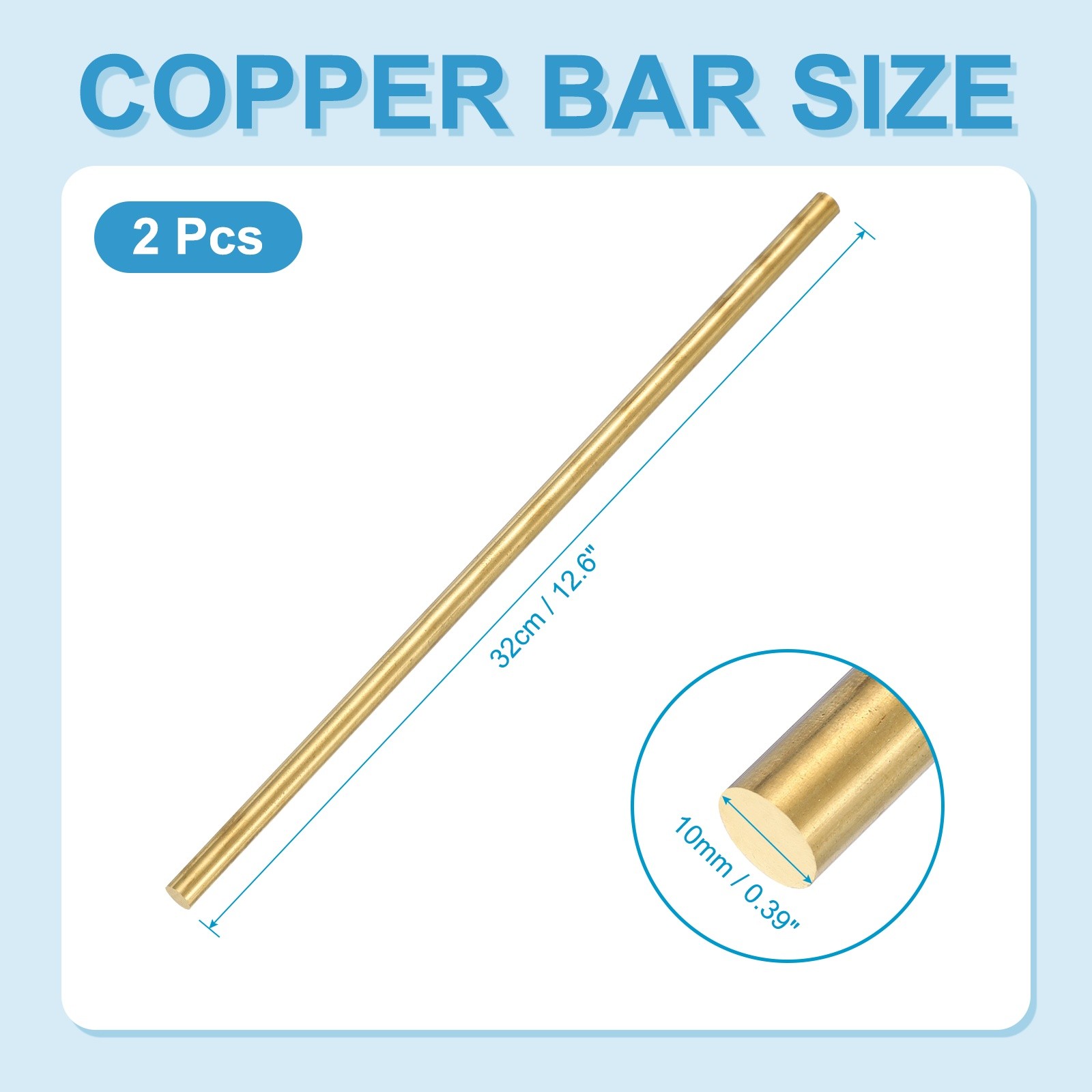 2 Pcs 10mm Dia. 32cm / 12.6 Inch Length Round Brass Rods, Brassy