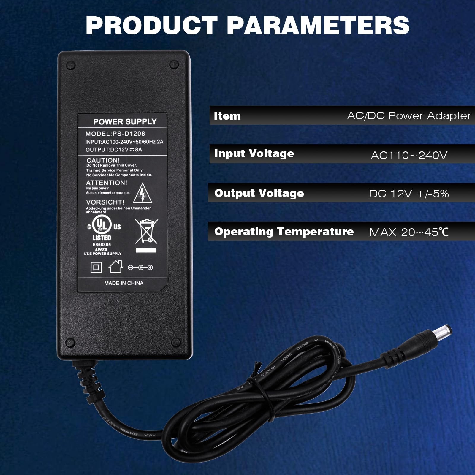 UL Listed 12V 8A Power Supply Adapter,96W AC100-240V to DC 12V 8A Transformer4ft