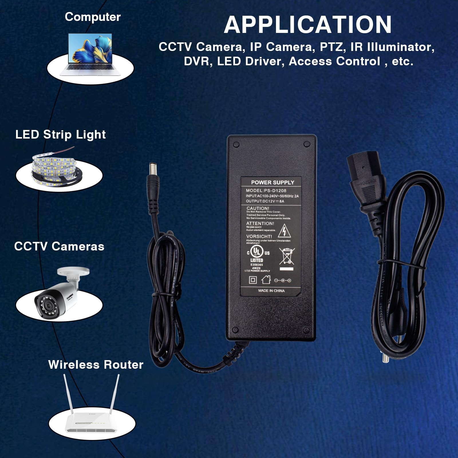 UL Listed 12V 8A Power Supply Adapter,96W AC 100-240V to DC 12V 8A Transforme…