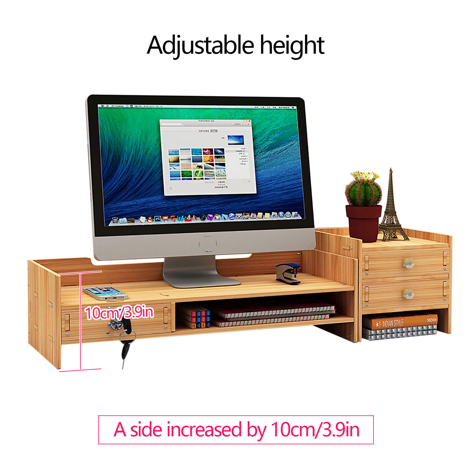 Wooden Desk Organizer with Drawers Office Supplies Computer Desktop Tabletop