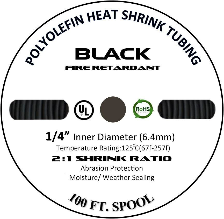 100 FT. 100′ Feet BLACK 1/4″ 6mm Polyolefin 2:1 Heat Shrink Tubing Tube Cable UL