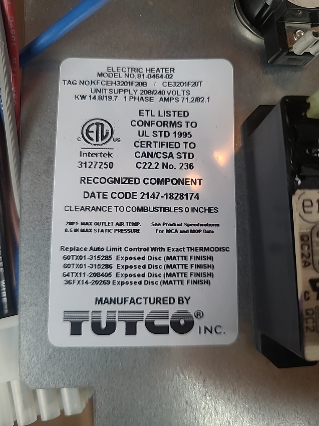 Electric Heater Kit 14.8/19.7 Kw 208/240v 1p For Carrier FC-3201F20 EK-20AKF