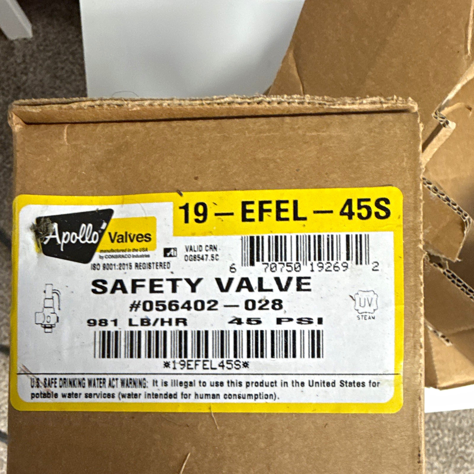 Apollo Valves 19-EFEL-45S Safety Relief Valve 45 PSI Steam Brass 1/2 x 3/4