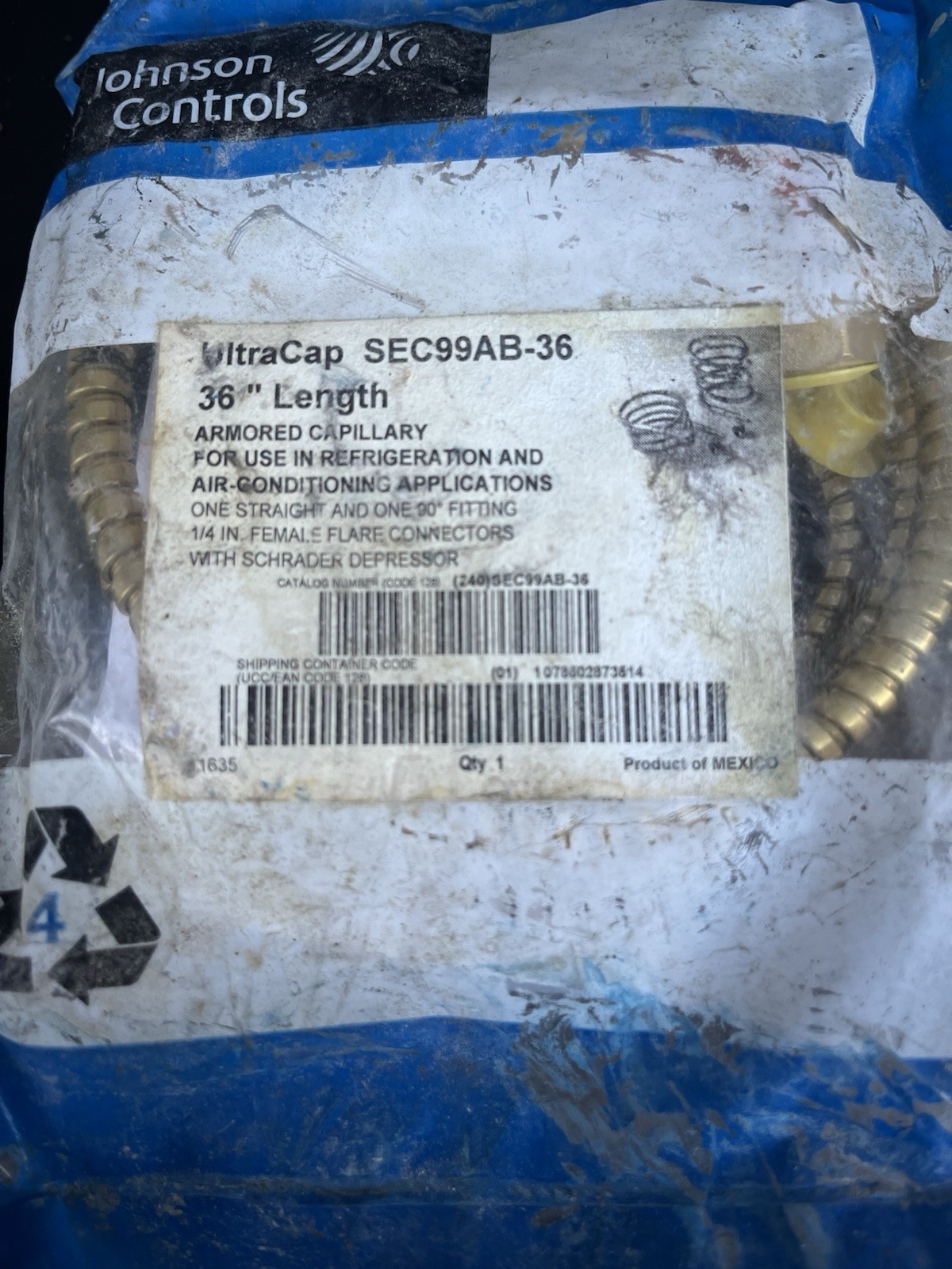JOHNSON CONTROLS SEC99AB-36C Armored Capillary Tubing, 36 in, Copper 40G427