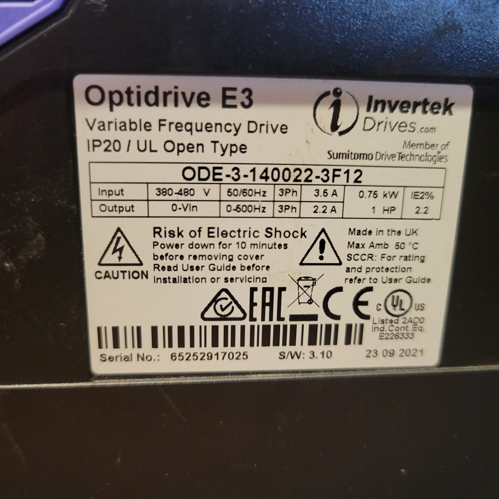 Invertek Optidrive E3 VFD, ODE-3-1-140022-3F12