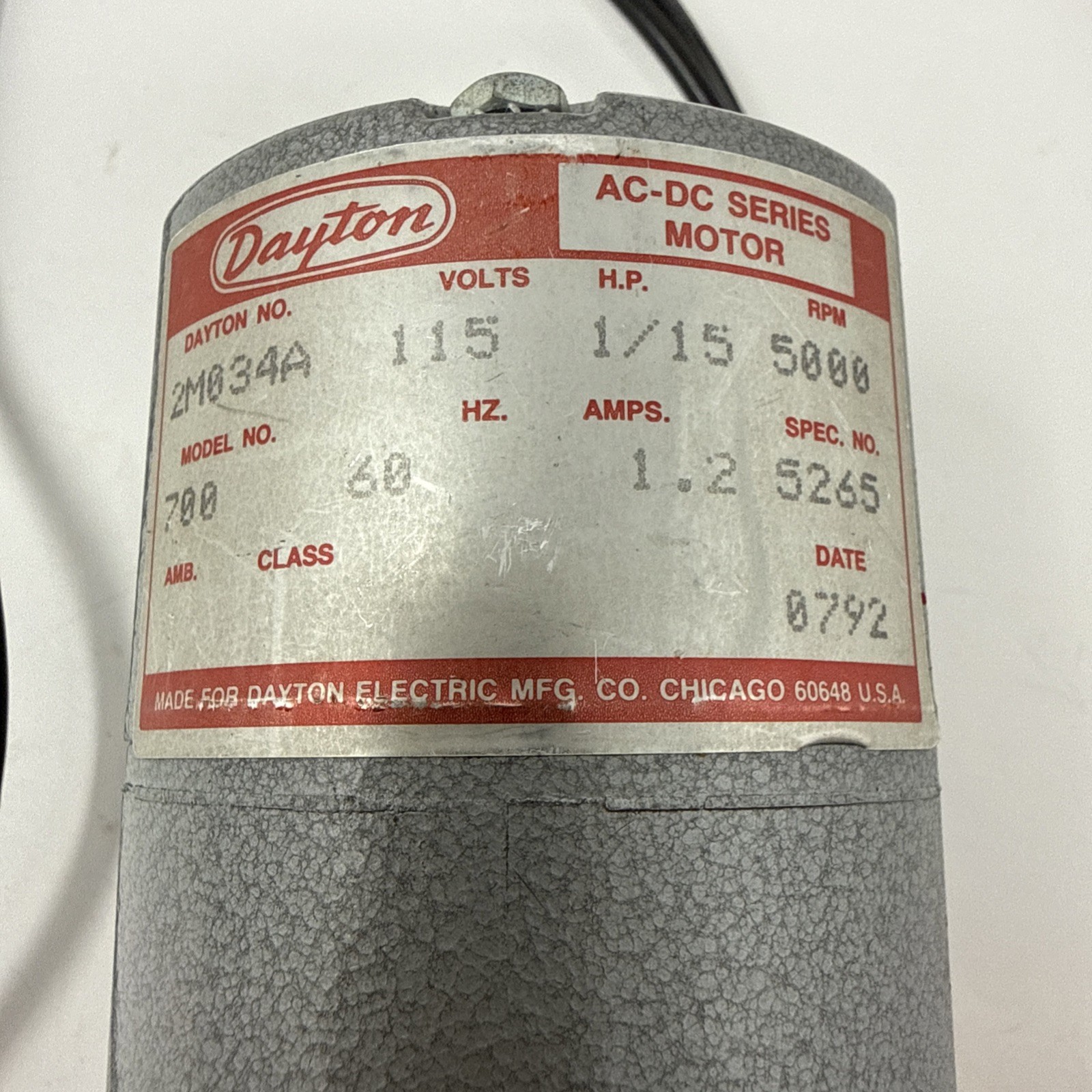 DAYTON AC-DC SERIES MOTOR 2M034A 1/15HP 5000RPM 115v 60 HZ