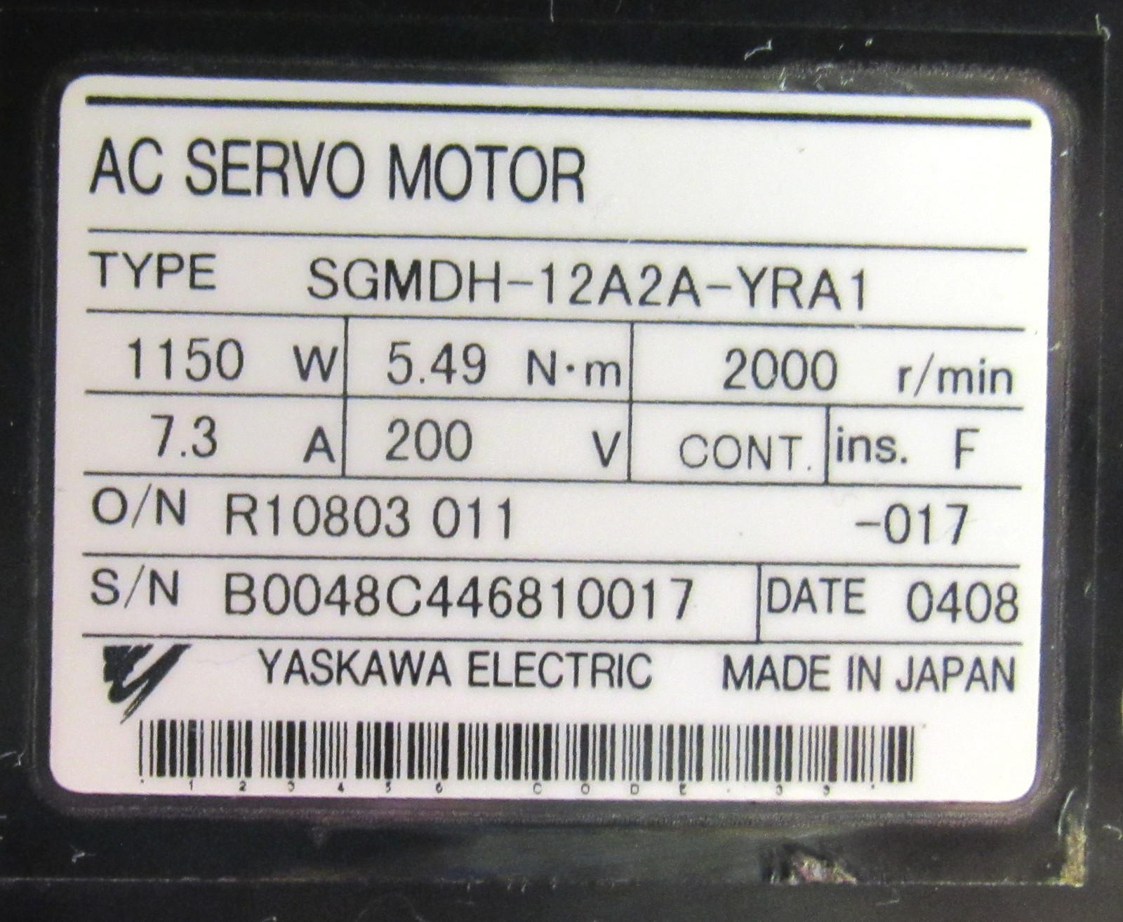 Yaskawa Electric SGMDH-12A2A-YRA1 AC Servo Motor 1150W 200V 2000r/min 5.49Nm