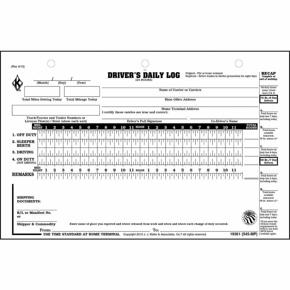 J. J. Keller Driver Daily Log with 7- and 8-Day Recap, 8.5″ x 6.5″, 5 Pack