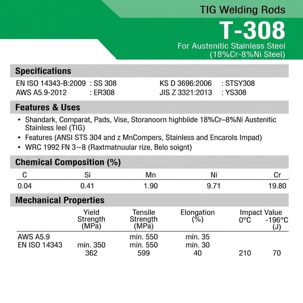 Kiswel T-308 TIG Stainless Steel Welding Rod ER308 2.4mm 1kg/35.27oz